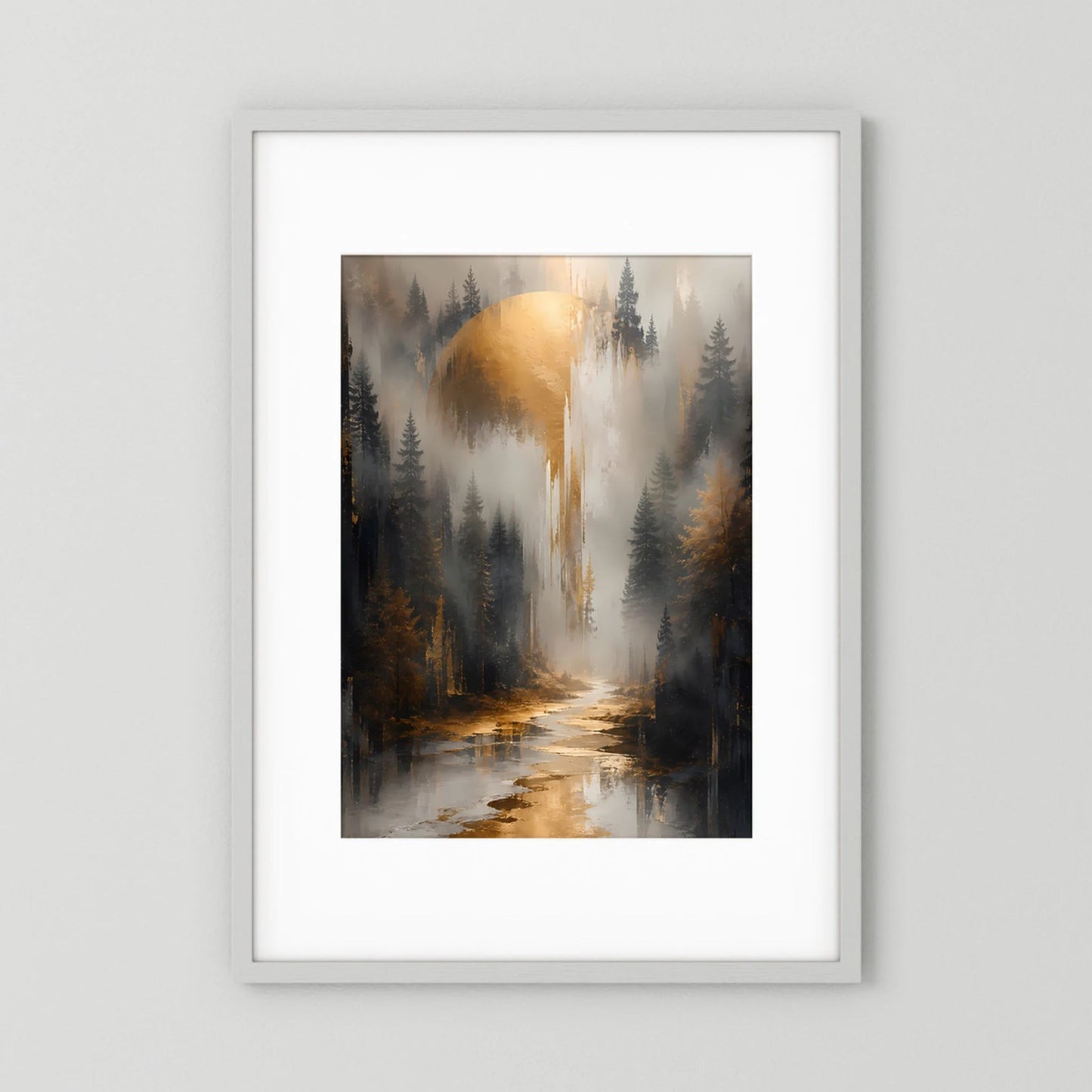 Gerahmtes Poster mit Waldlandschaft und Fluss, goldener Nebel, Hochformat