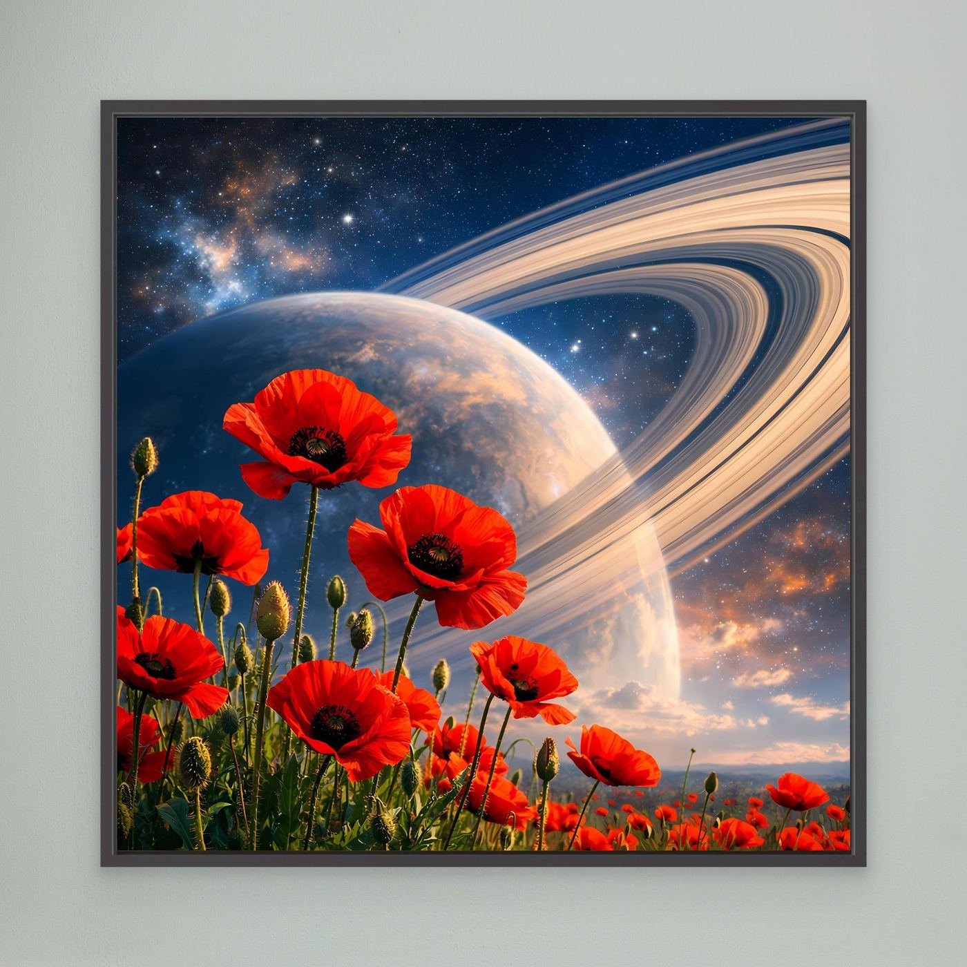 Leinwandbild mit roten Mohnblumen, Planet und Spiralnebel im Weltraum, schwarz gerahmt