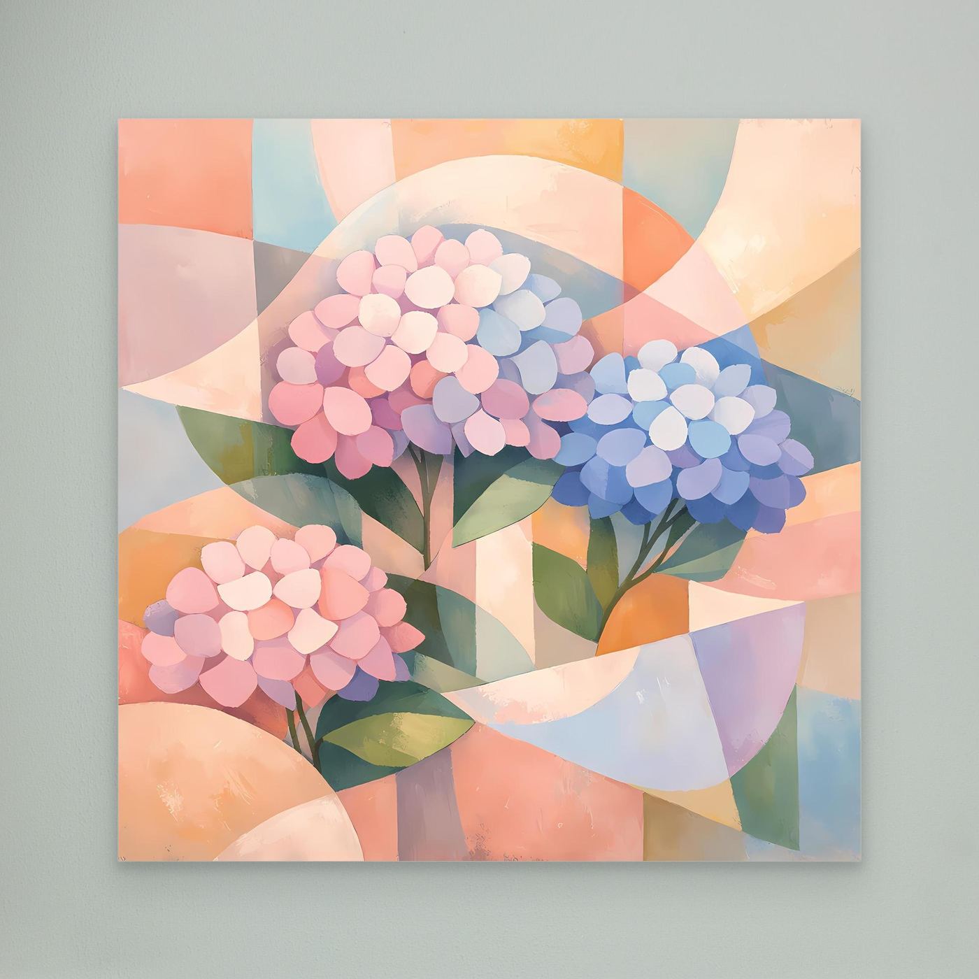 Leinwandbild mit geometrischen Hortensien in Pastellfarben, ohne sichtbaren Rahmen