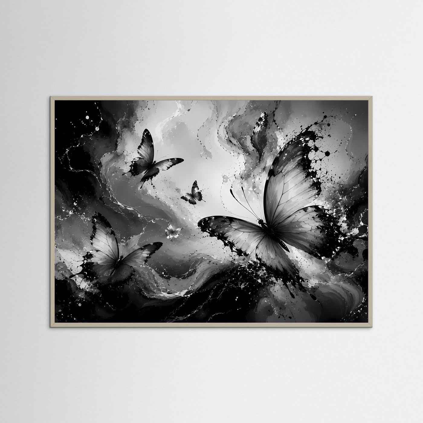 Schmetterlinge Schwarz Weiß Poster Querformat | Abstrakte Butterfly Wandkunst Modern | Monochrome Leinwandkunst