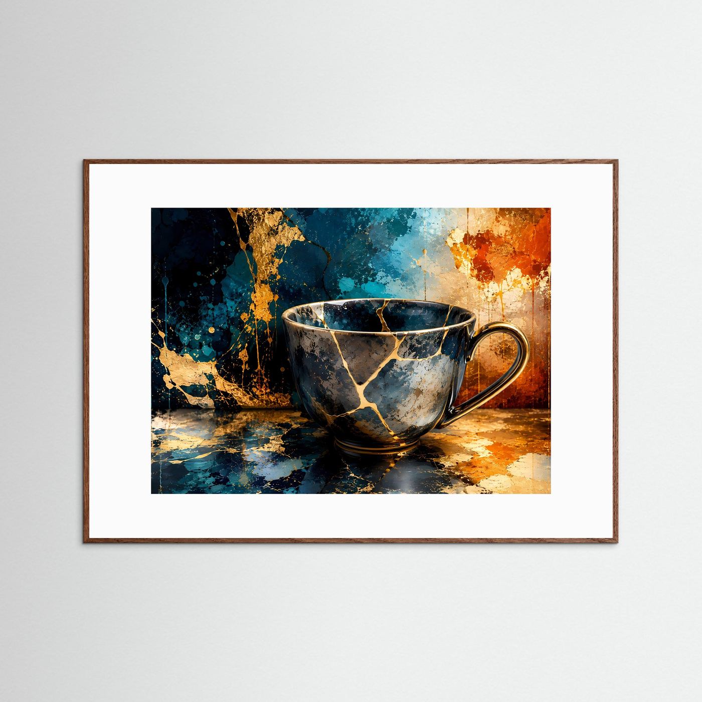 Kintsugi Tasse Poster Querformat | Moderne Japanische Wandkunst in Blau & Gold | Elegantes Stillleben Wandbild