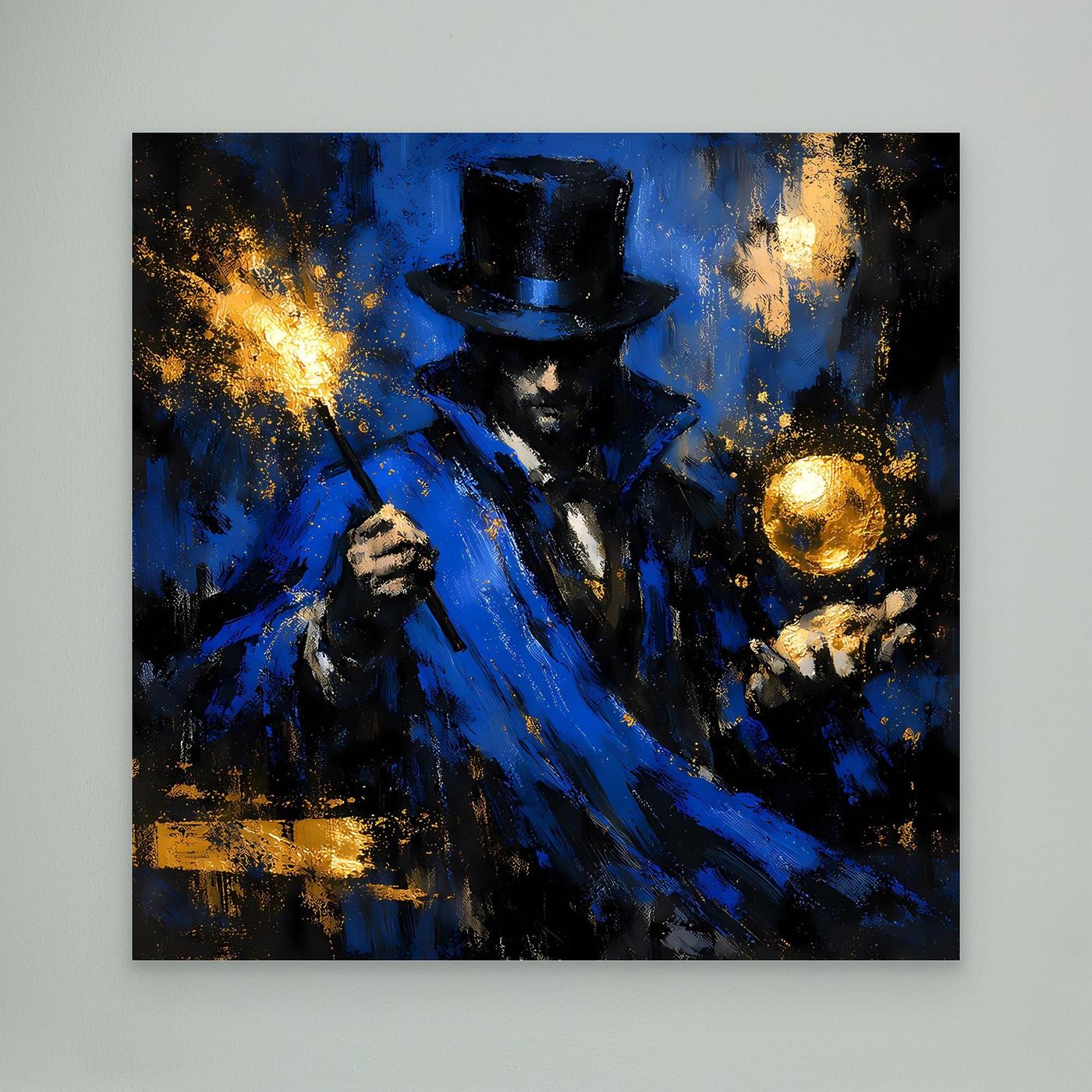 Leinwand Mystischer Magier in Blau und Gold | Abstraktes Fantasy Wandbild Moderne Kunst