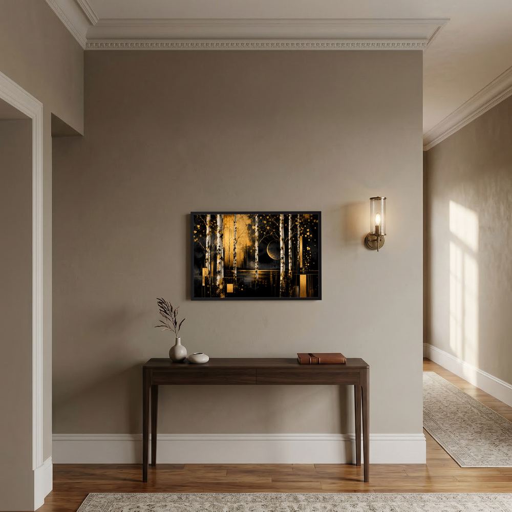 Gerahmtes Querformat-Poster mit abstrakter Waldlandschaft in Schwarz und Gold