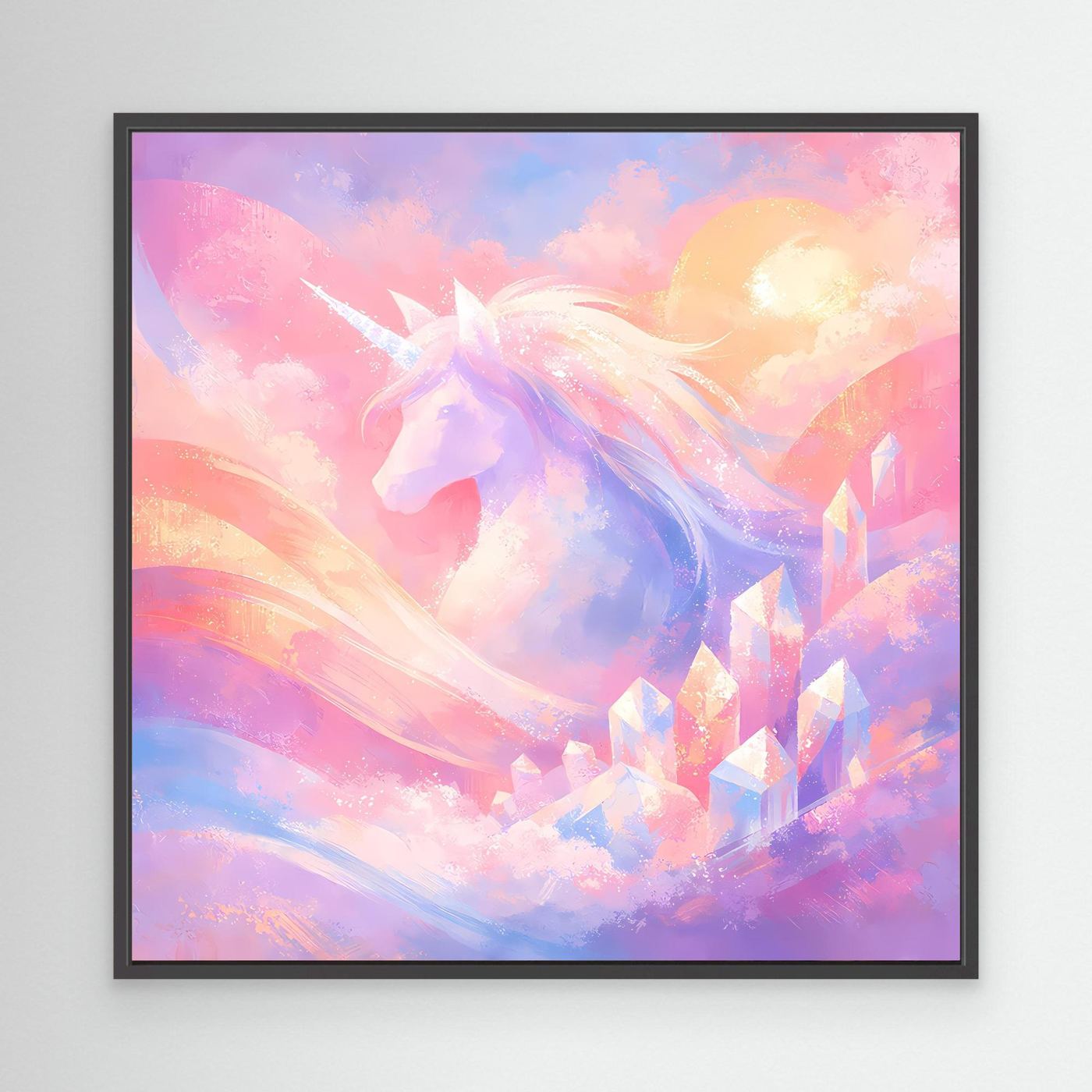 Leinwandbild mit pastellfarbenem Einhorn und Fantasy-Motiv, schwarzer Rahmen