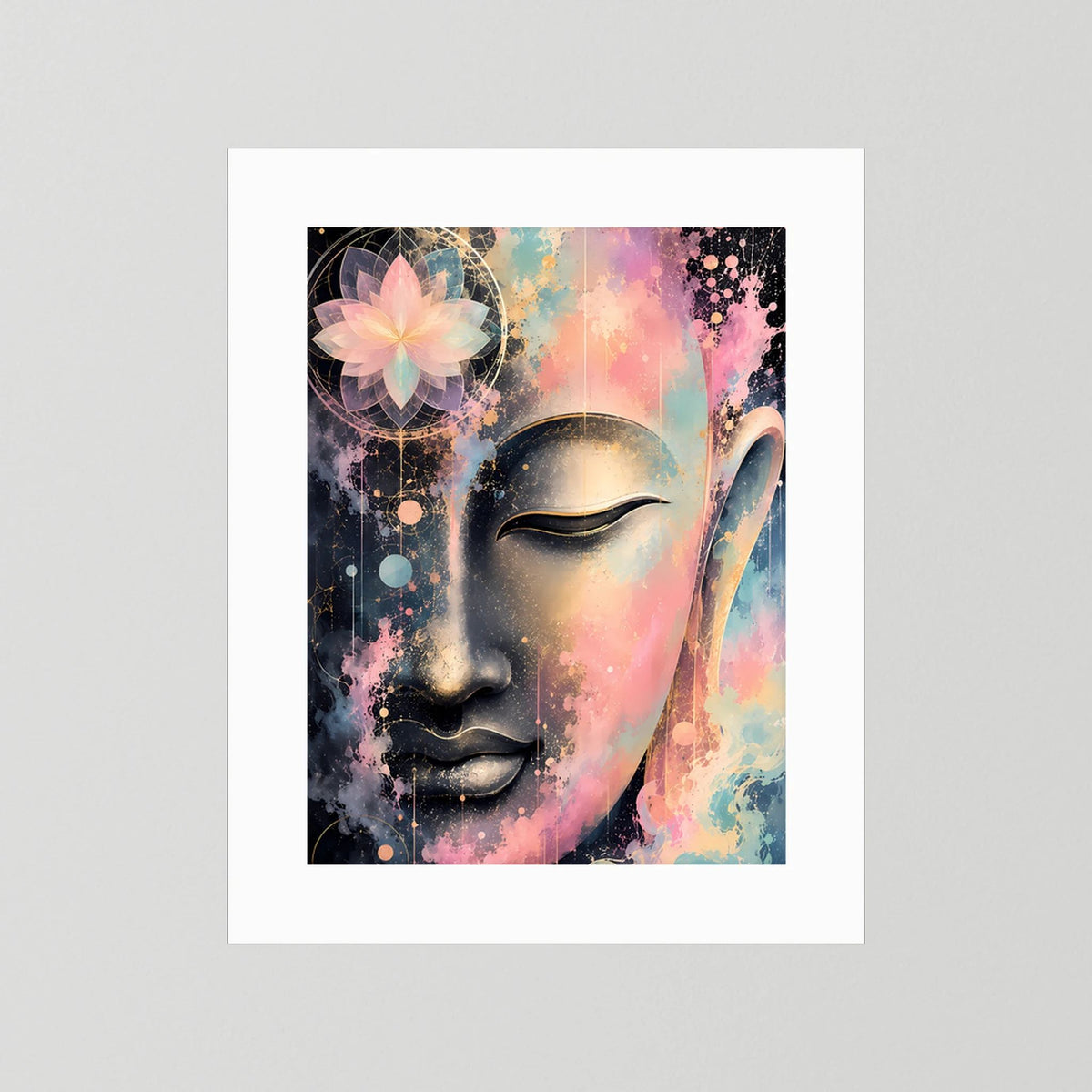 Kunstposter mit abstraktem Buddha-Gesicht in Pastell, Gold- und Schwarzakzenten ohne Rahmen