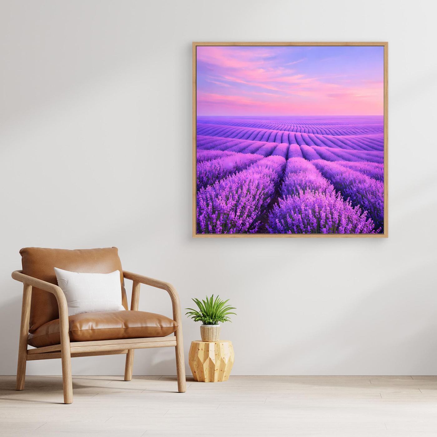 Leinwandbild Lavendelfeld mit braunem Rahmen, lila Reihen und pinker Himmel