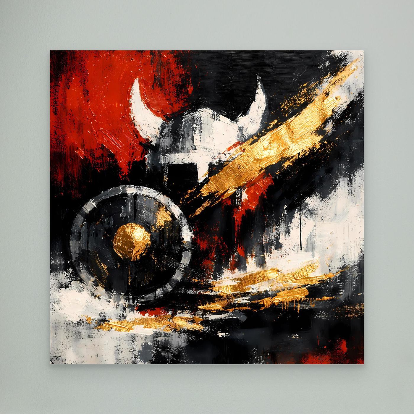 Leinwandbild mit Wikingerhelm und Schild im abstrakten Stil, ohne Rahmen
