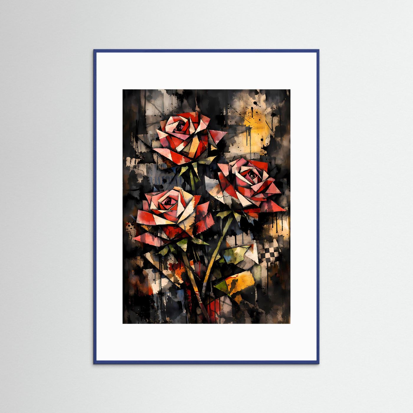 Geometrische Eleganz | Rote Rosen Poster im kubistischen & abstrakten Kunststil | Kunstposter Hochformat