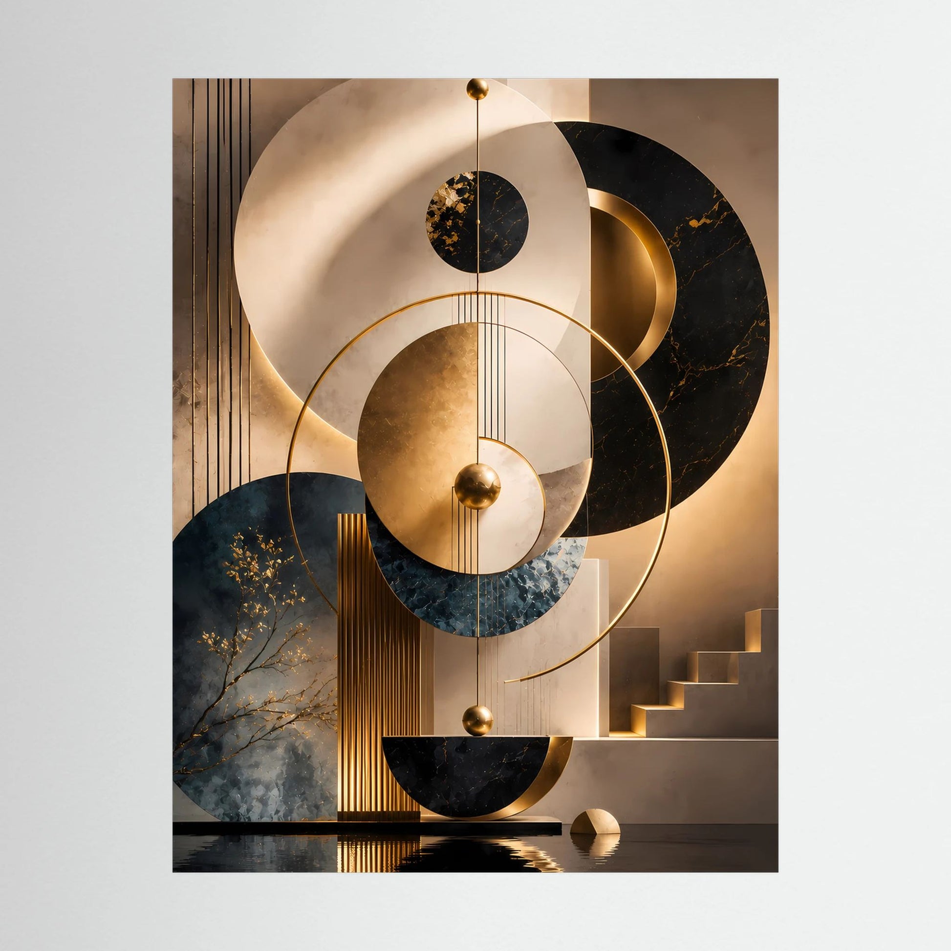 Abstraktes Kreis-Motiv als Hochformat: Goldformen mit Schwarz, Beige und Petrol, rahmenlos