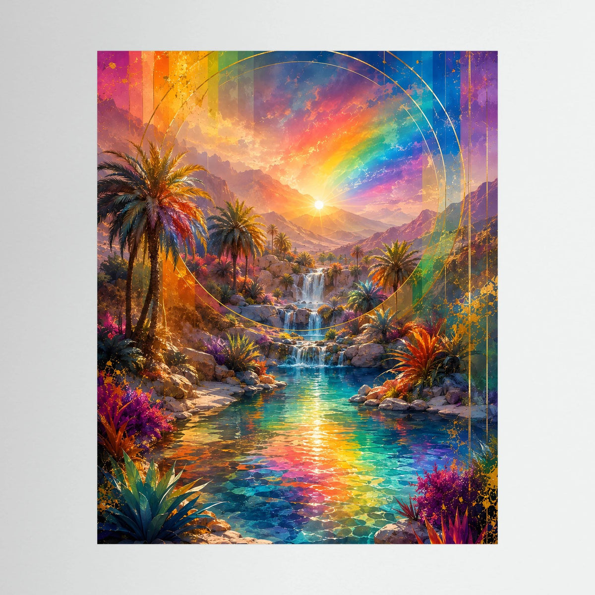 Hochformatiges Poster mit Regenbogen über Wasserfall und Palmen, farbenfrohe Landschaft.