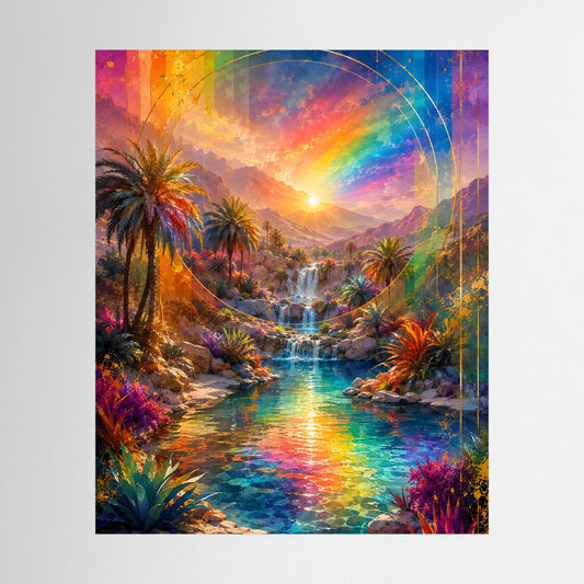 Hochformatiges Poster mit Regenbogen über Wasserfall und Palmen, farbenfrohe Landschaft.