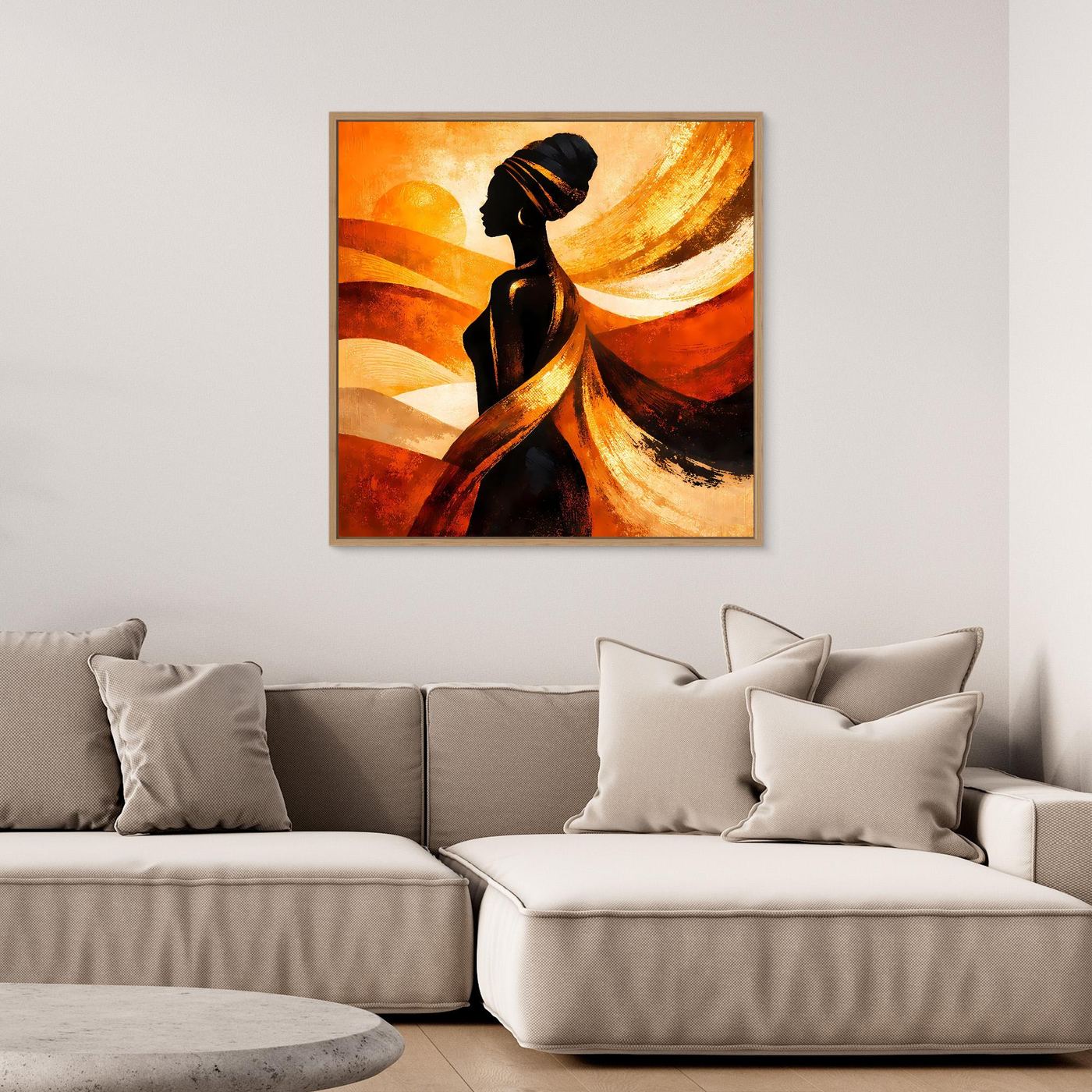 Leinwandbild mit Silhouette afrikanischer Frau im Gold-Orange-Look, schmaler brauner Rahmen