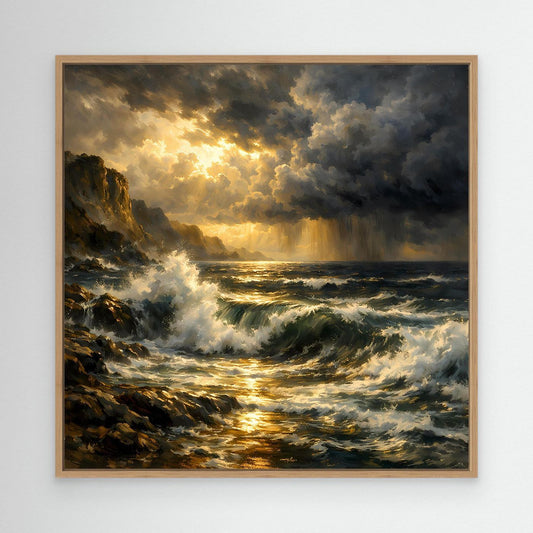 Leinwandbild mit stürmischem Meer und goldenem Licht, Wellen und Felsen, Eichenrahmen