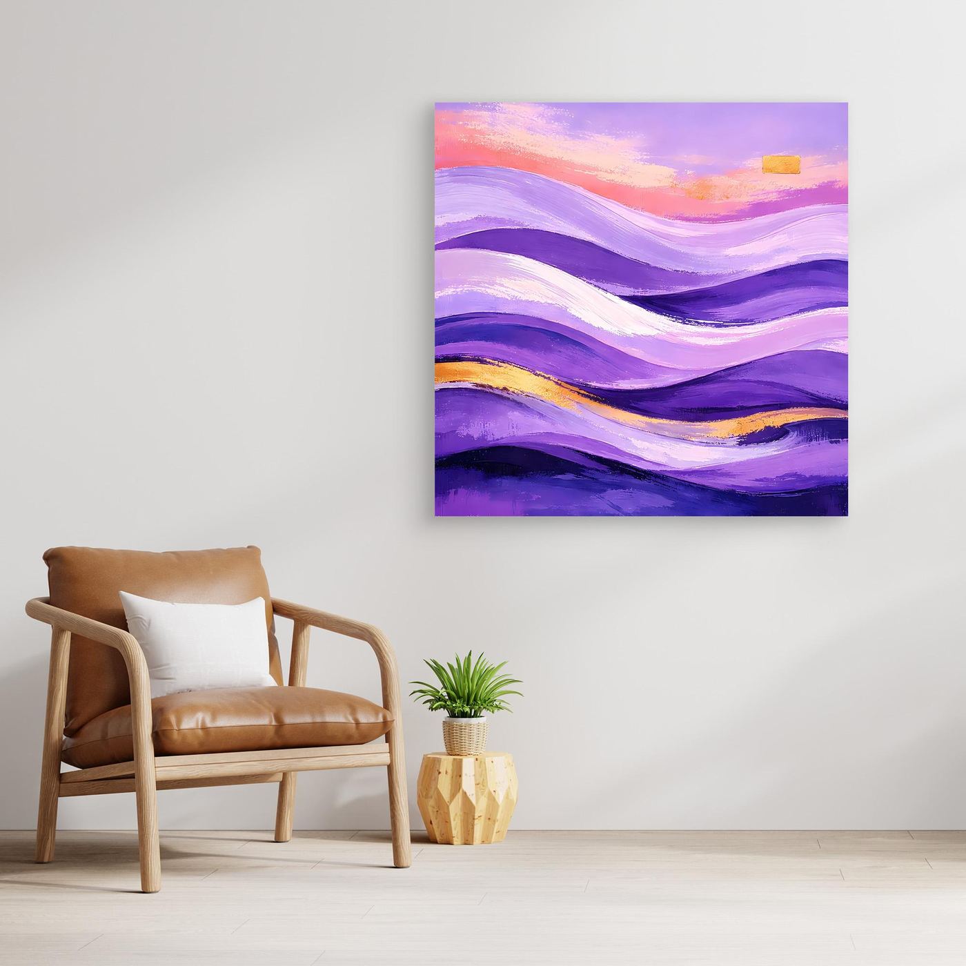 Gerahmtes Leinwandbild mit abstrakter Wellenlandschaft in Lila und orange-goldenen Akzenten