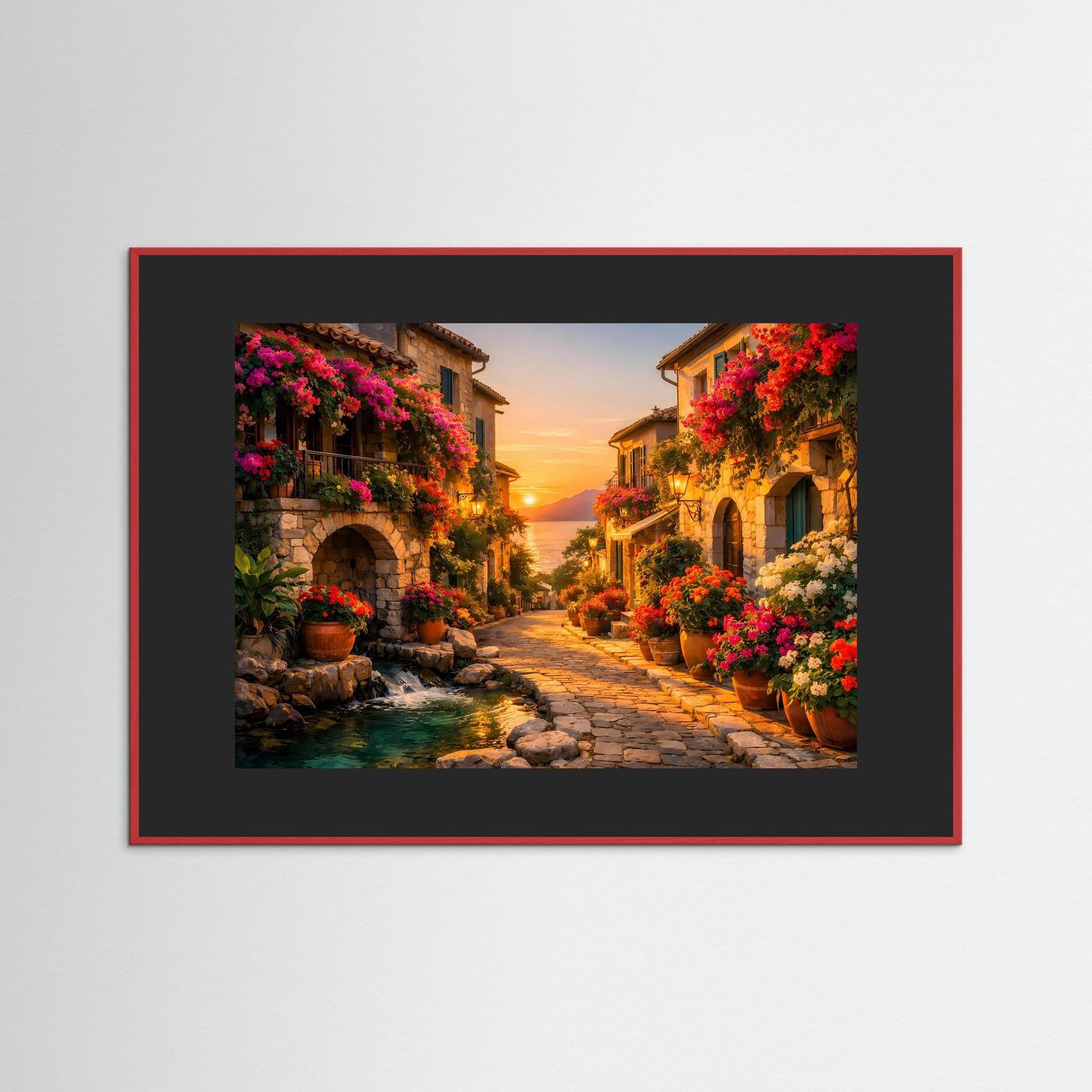 Gerahmtes Wandbild: mediterrane Gasse mit Blumen und Bach im Abendlicht, roter Rahmen.
