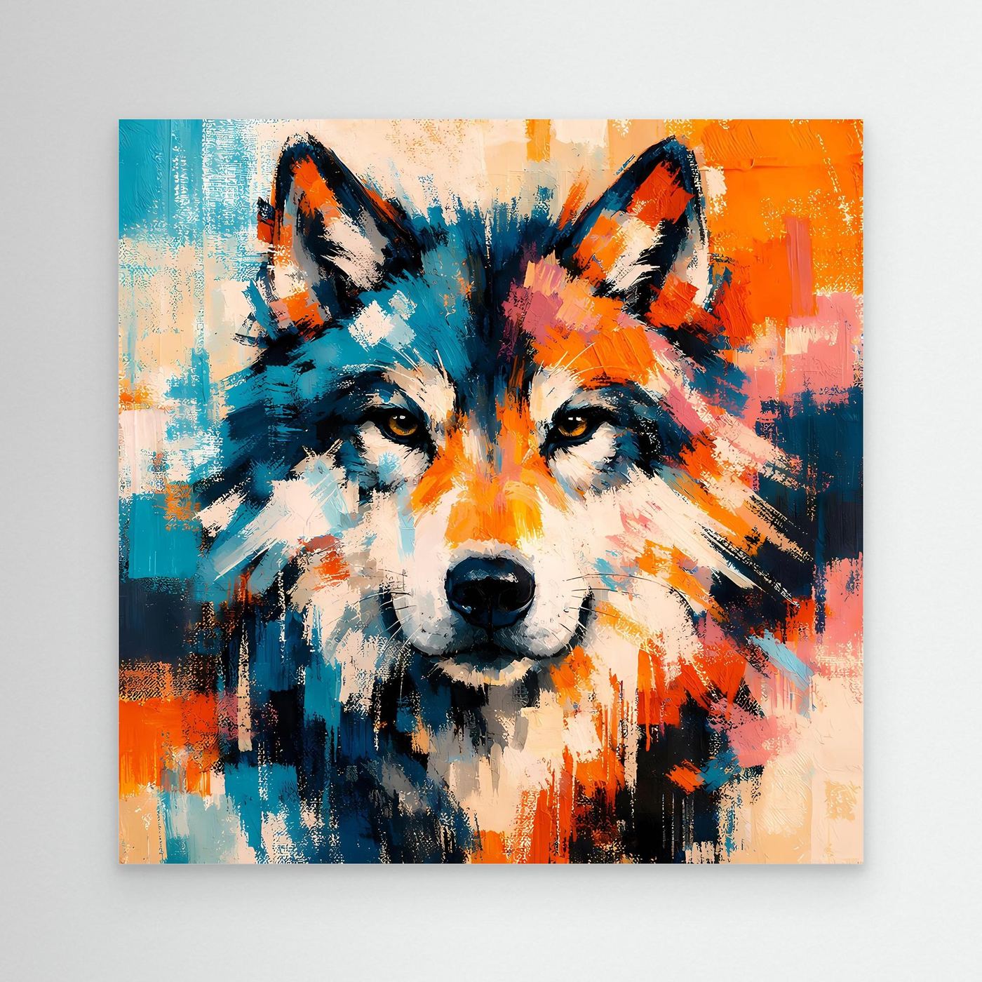 Abstract wolf canvas wall art with blue, orange, and black brushstrokes, unframed