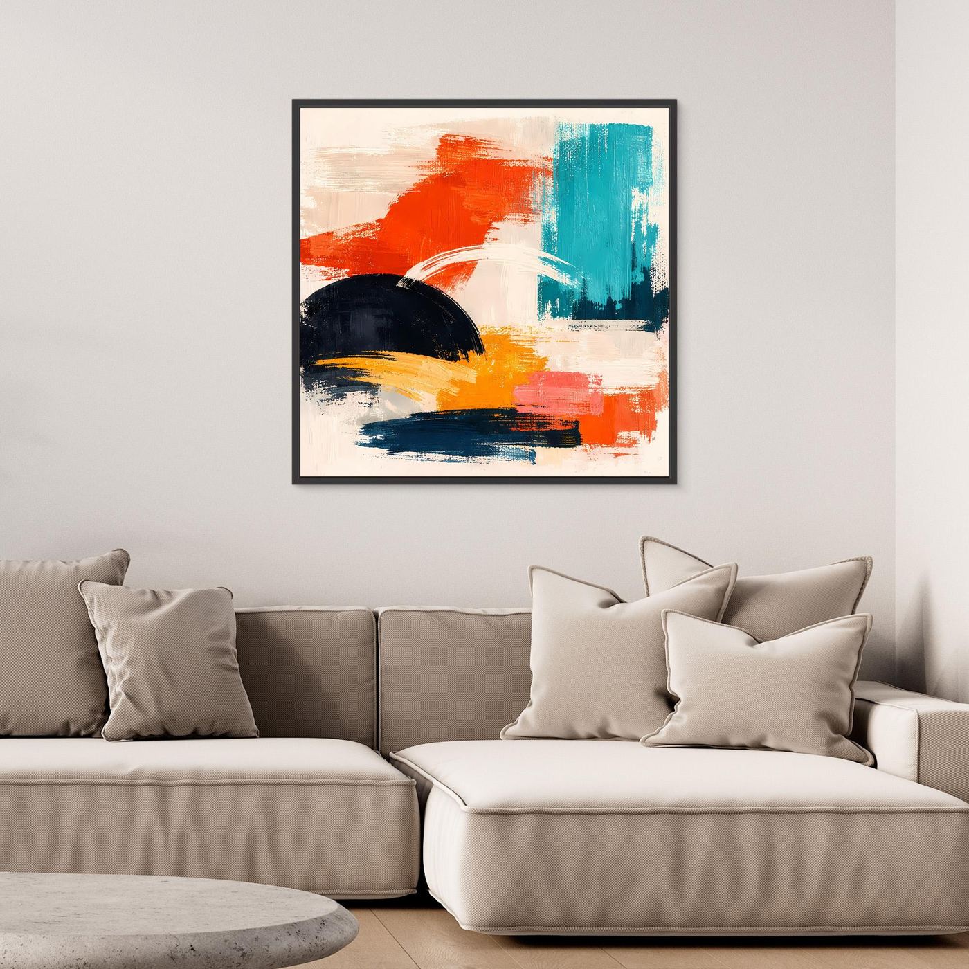 Abstraktes Leinwandbild mit schwarzem Rahmen und Pinselstrichen in Rot, Blau, Gelb und Schwarz
