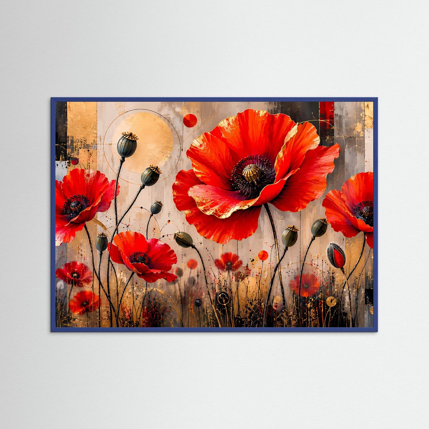 Strahlende Mohnblumen in Rot & Gold | Abstrakte Blumen & Natur Poster Querformat