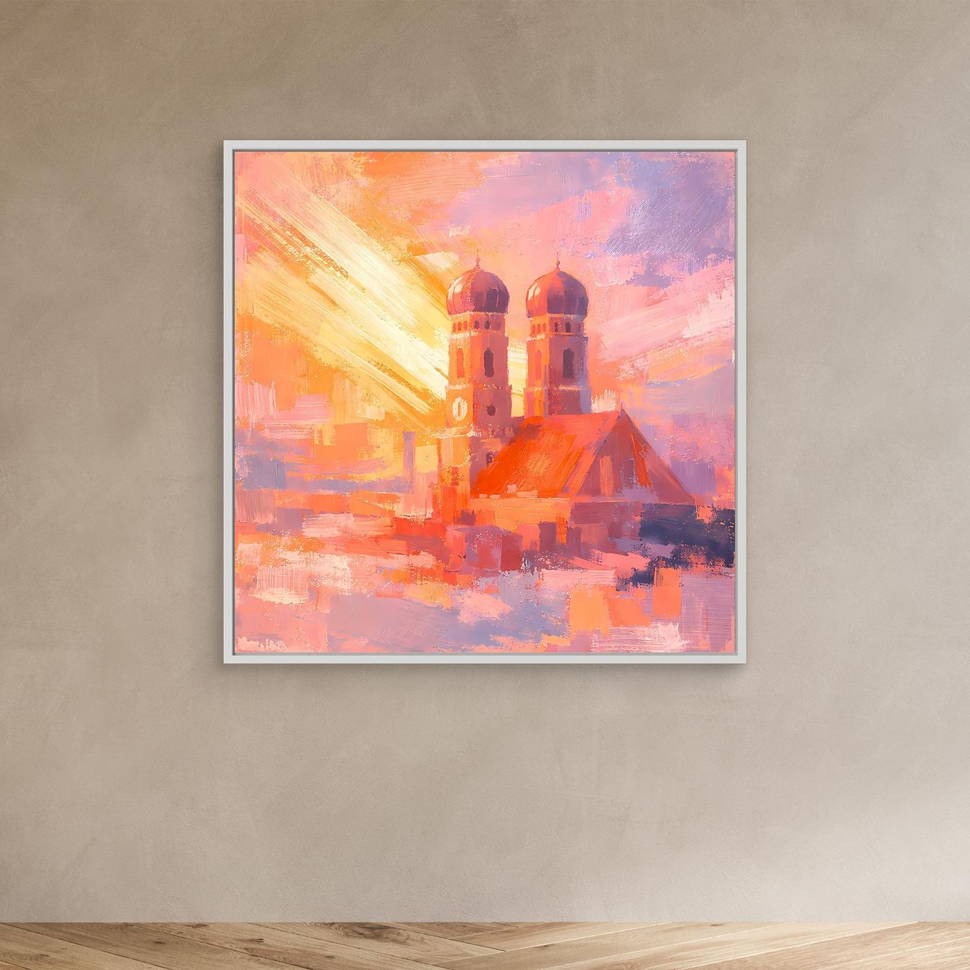 Premium Leinwand Frauenkirche München im Sonnenaufgang | Abstraktes Skyline Wandbild Bayern