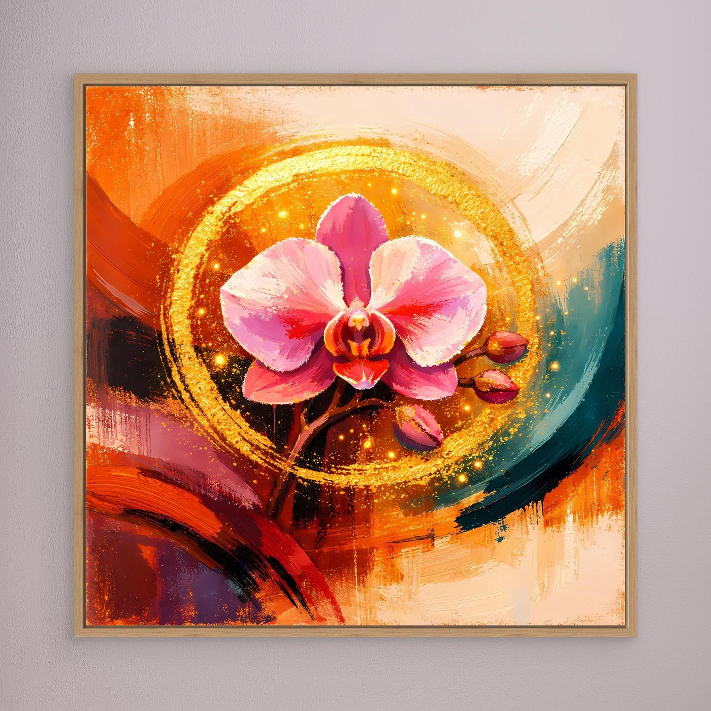Gerahmtes Leinwandbild mit goldener Orchidee im Kreis, brauner Holzrahmen