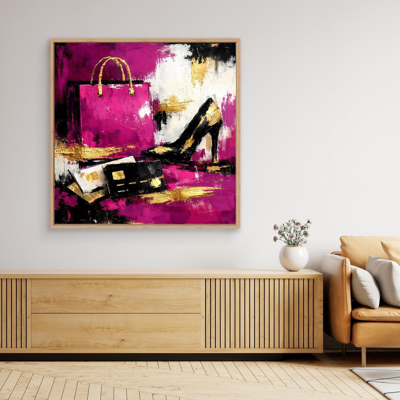 Leinwand Abstraktes Fashion Wandbild in Pink und Gold | Modernes High Heels & Shopping Gemälde