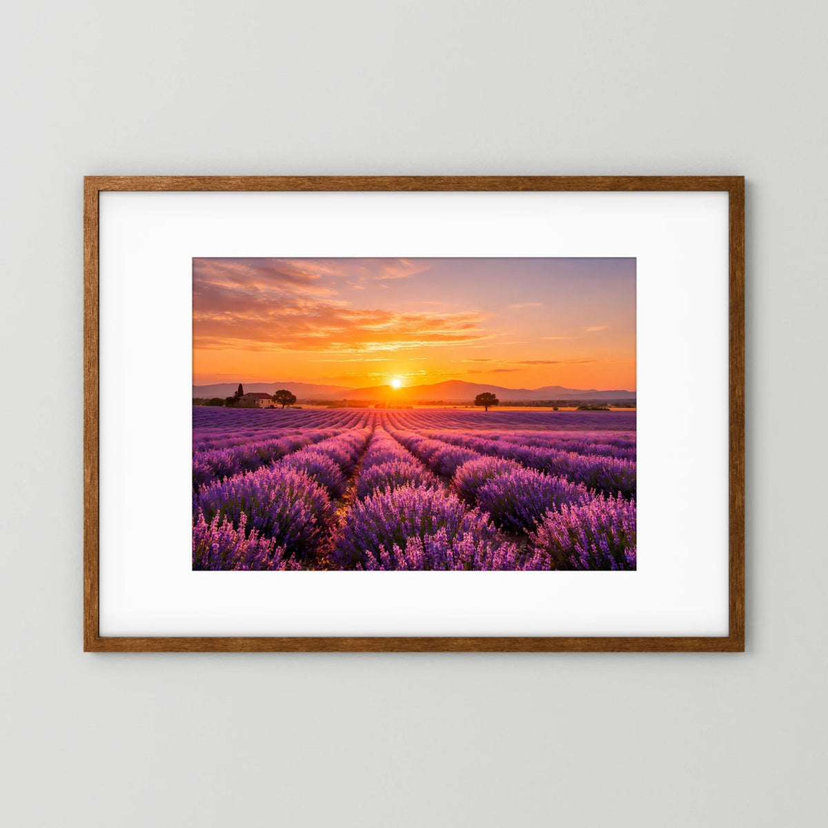 Lavendelfeld-Wandbild im Querformat mit Sonnenuntergang, Eichenrahmen mit weißem Rand