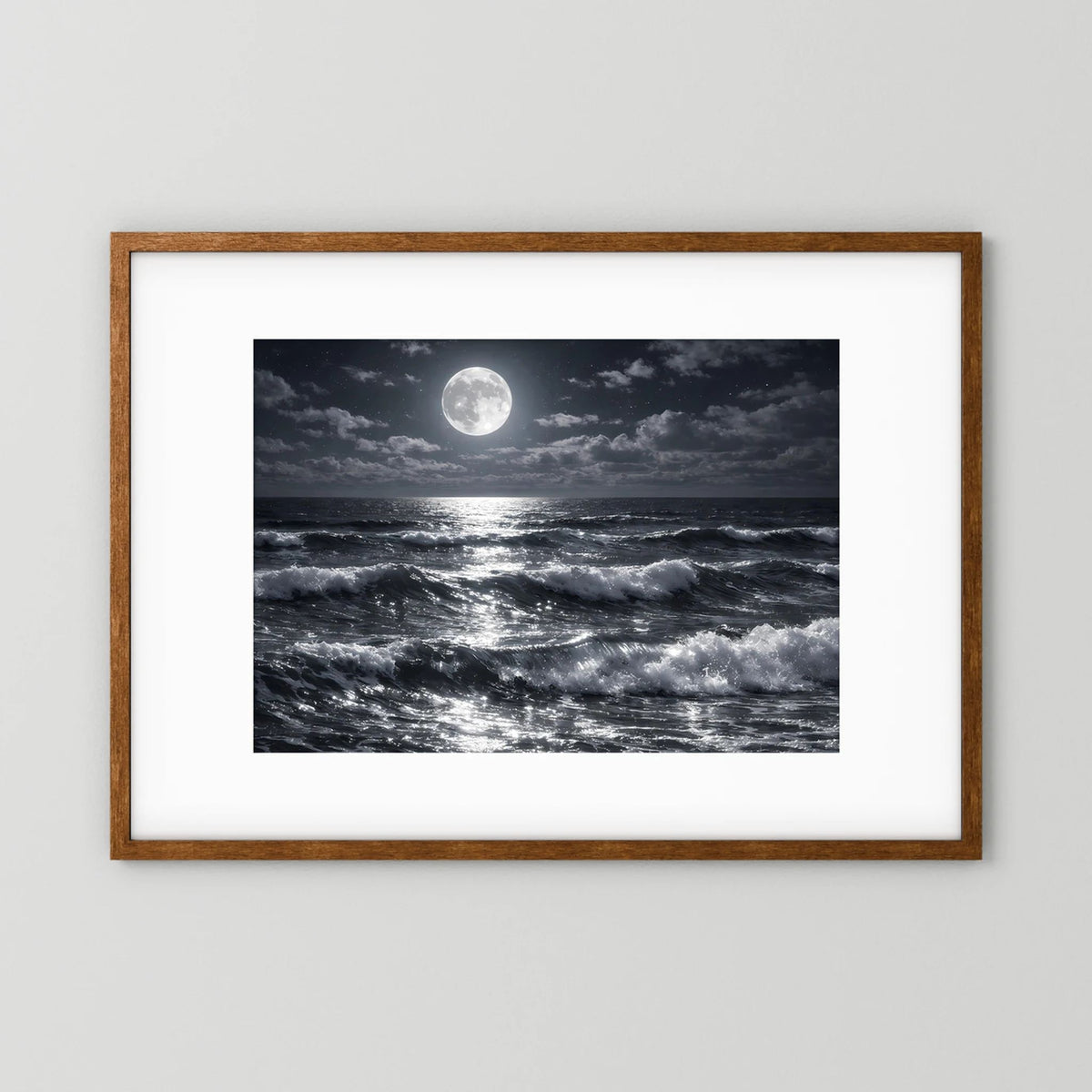 Meerwellen-Wandbild mit Vollmond, Holzrahmen Eiche braun und weißer Einfassung, quer
