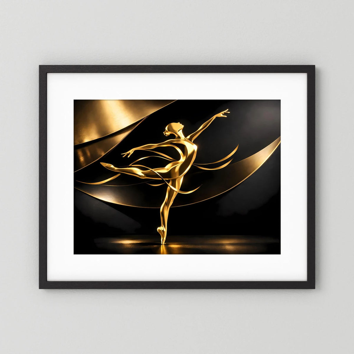 Wandbild im schwarzen Rahmen mit weißem Rand und goldener Ballerina-Skulptur.