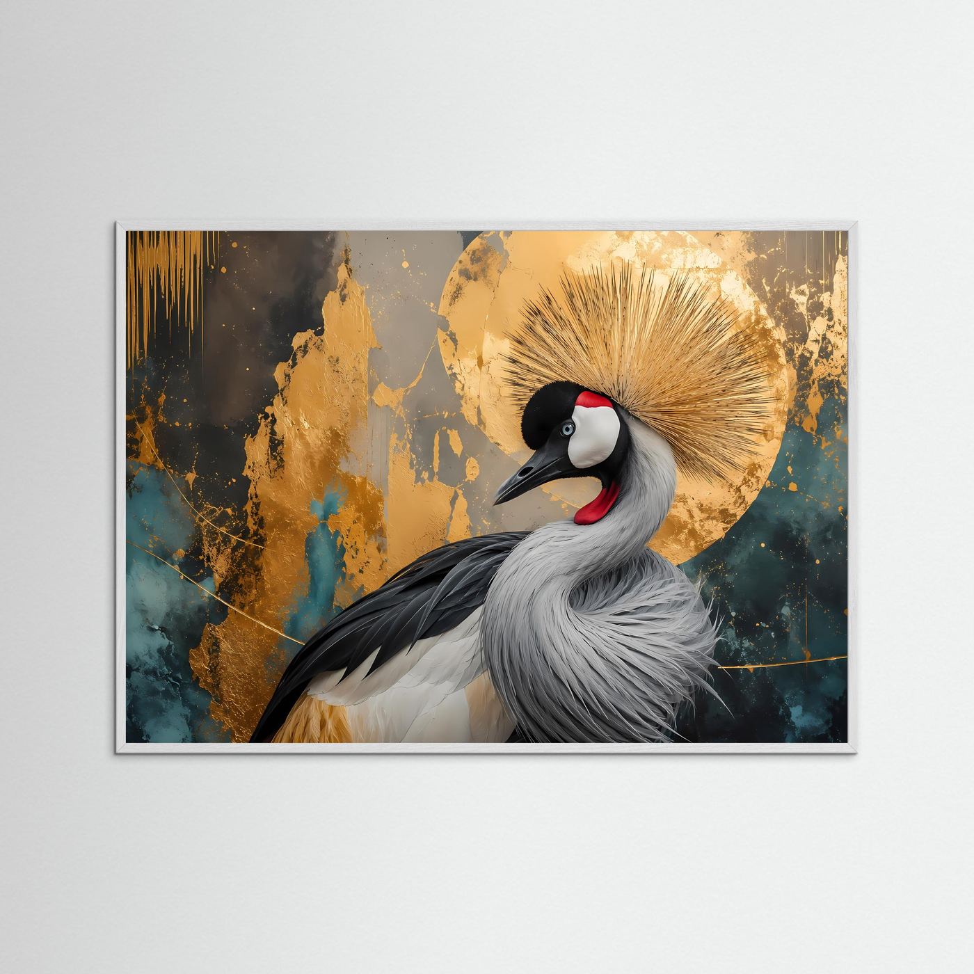Majestätischer Kronkranich in Gold & Petrol | Modernes Wandbild mit Tier-Motiv & Fluid Art
