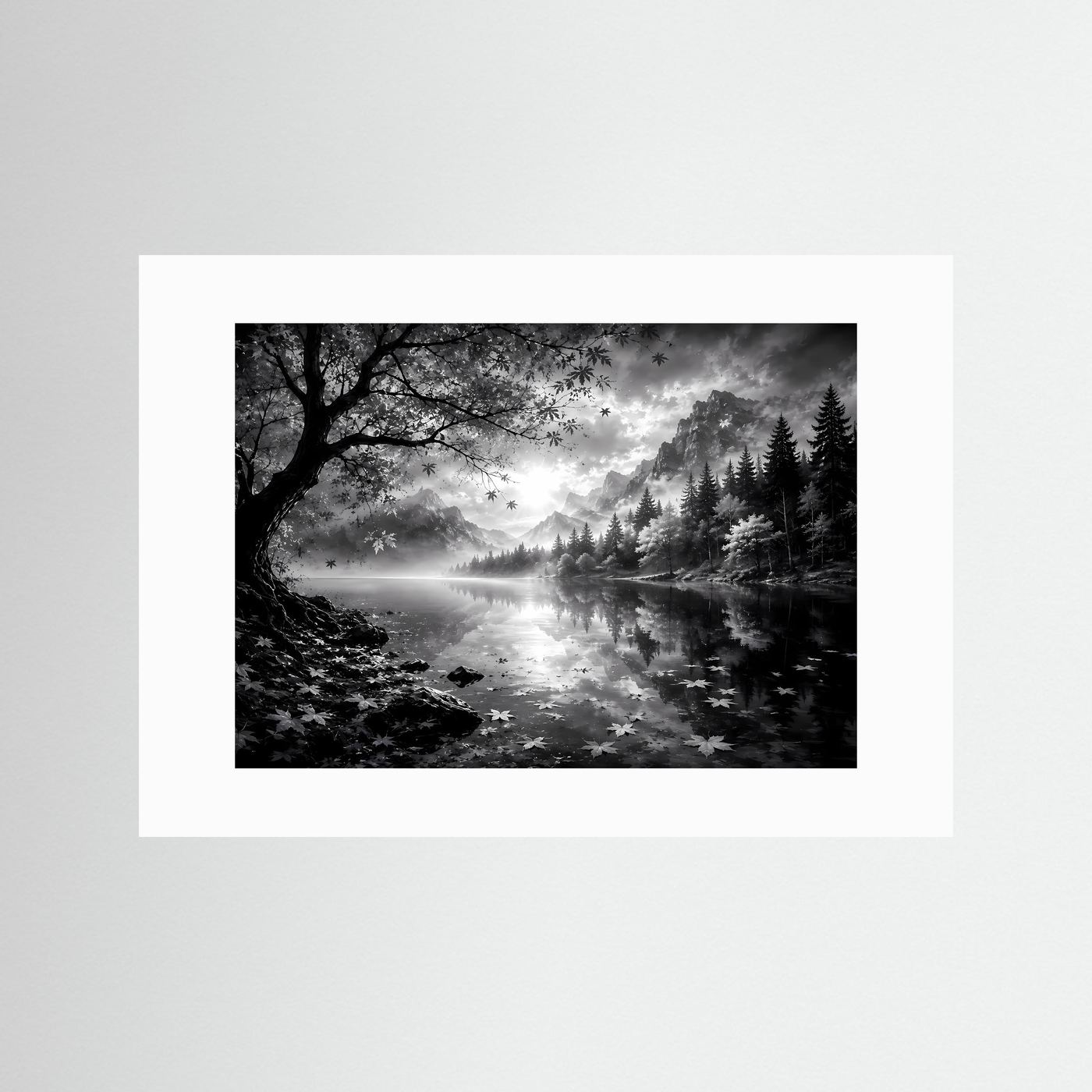 Schwarz Weiß Landschaft Poster | Bergsee Wandbild | Nebel Berge Natur | Monochrome Wandkunst | Moderner Fine Art Print