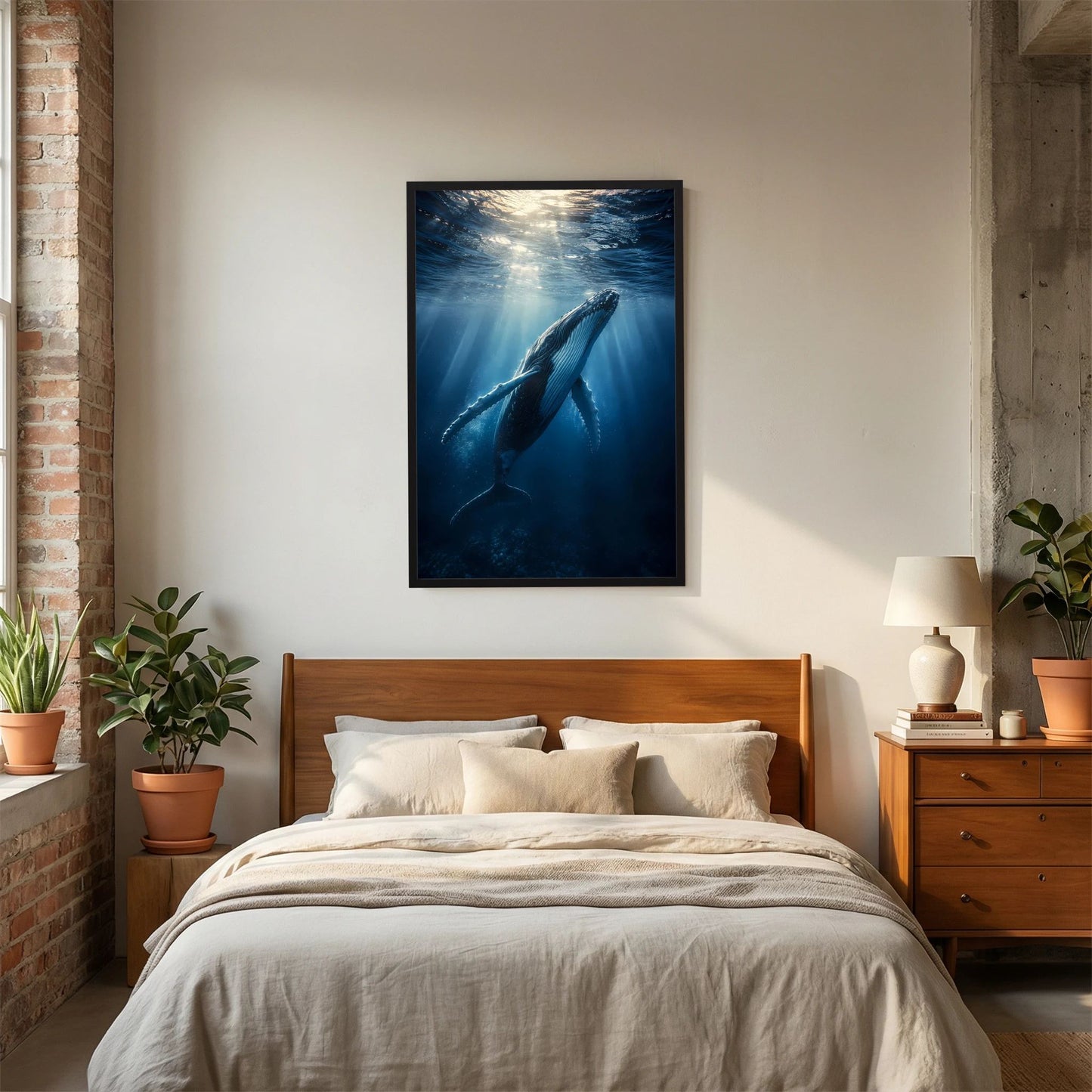 Poster im Hochformat mit Buckelwal unter Wasser, im schwarzen Rahmen