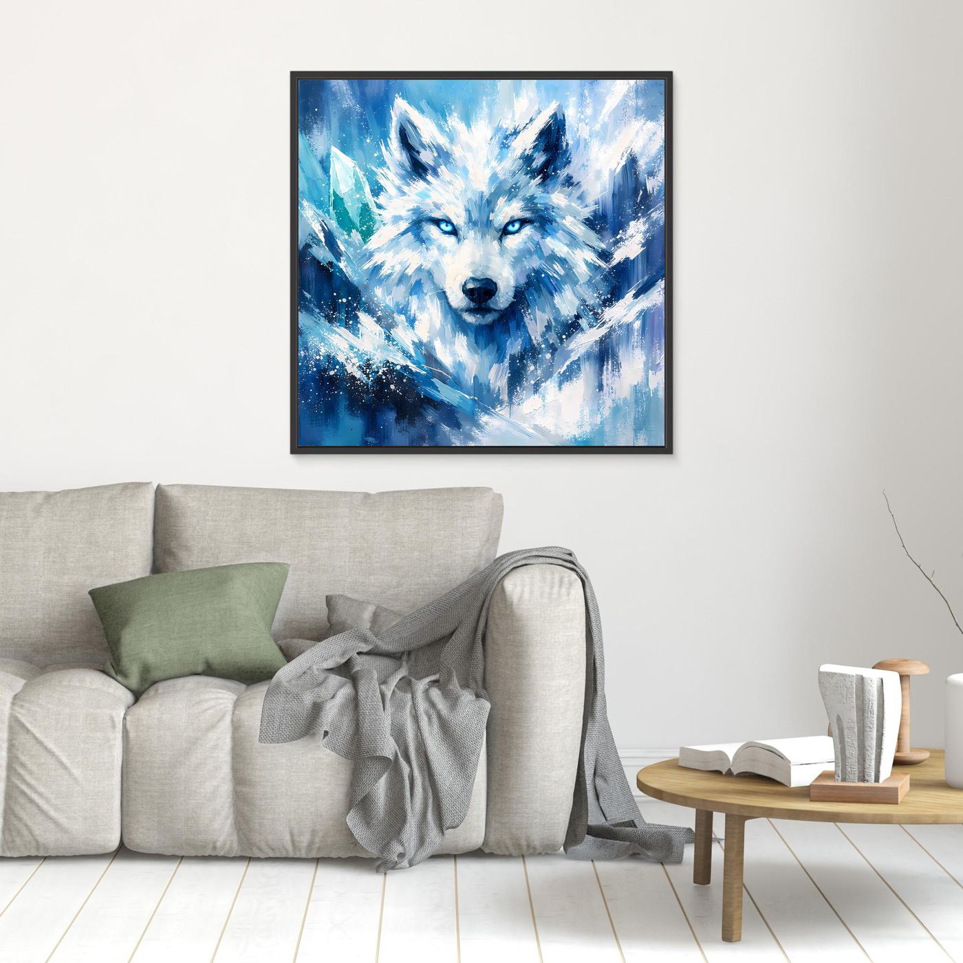 Kleines Leinwand-Wandbild mit Eiswolf im Blizzard, schwarzer Rahmen
