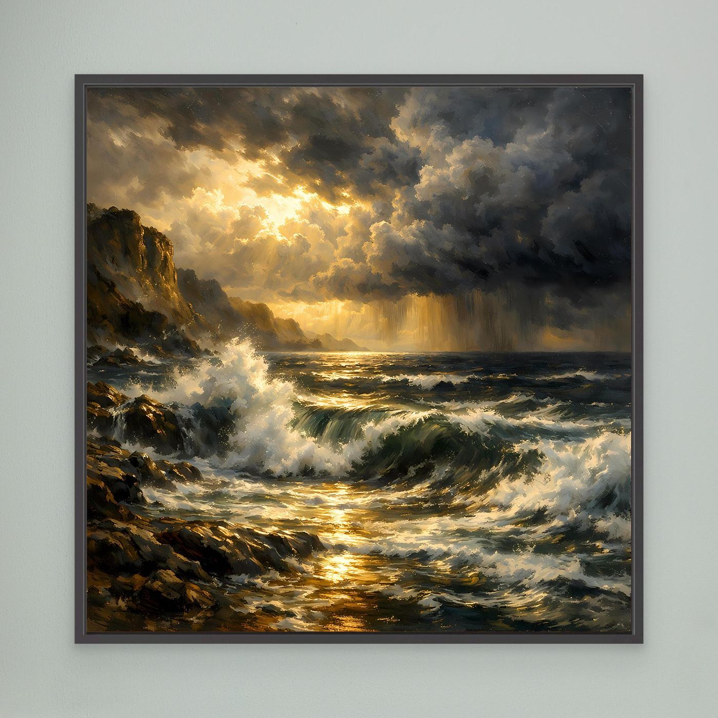 Leinwandbild stürmisches Meer mit goldenem Sonnenlicht, schwarz gerahmt