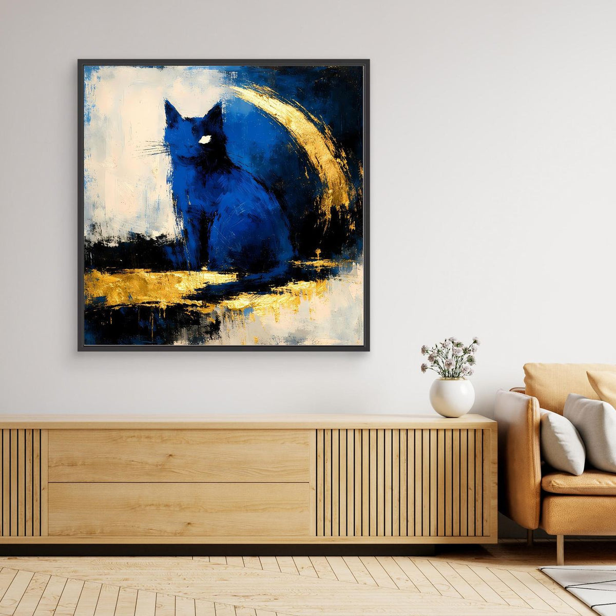 Abstraktes Tierwandbild auf Leinwand mit blauem Motiv und goldenen Akzenten, dunkel gerahmt