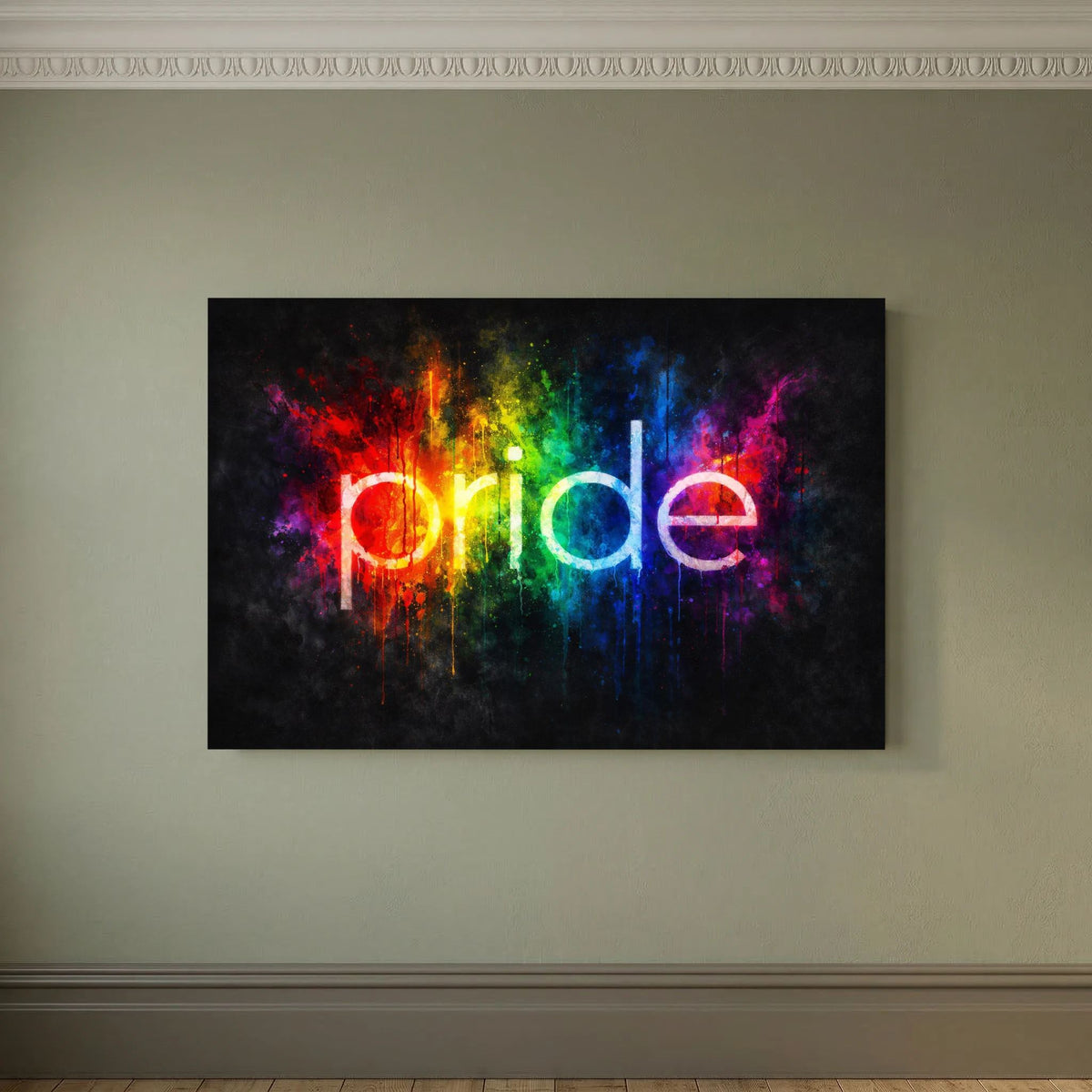 Querformatiges Wandbild mit Regenbogen-Lichttropfen und „pride“-Schrift im Neon-Design
