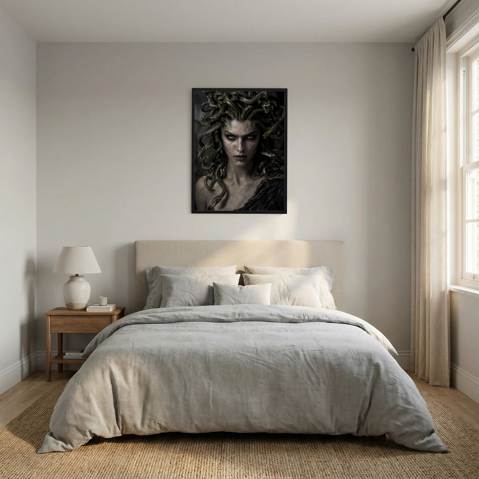 Gerahmtes Medusa-Fantasy-Poster: Frauengesicht mit Schlangenhaaren