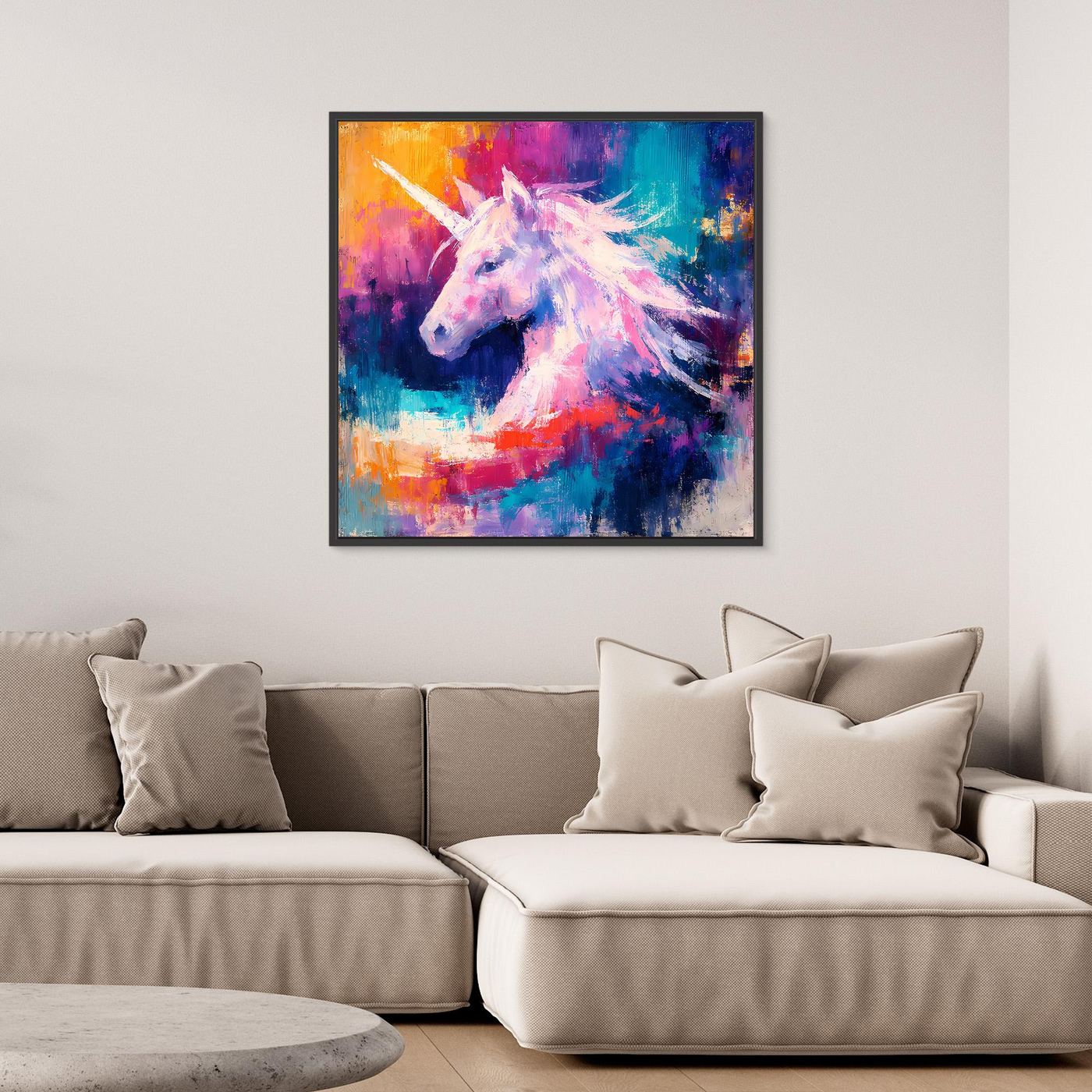 Leinwand Elegantes Einhorn im Farbenmeer | Abstraktes Fantasy & Pastell Wandbild