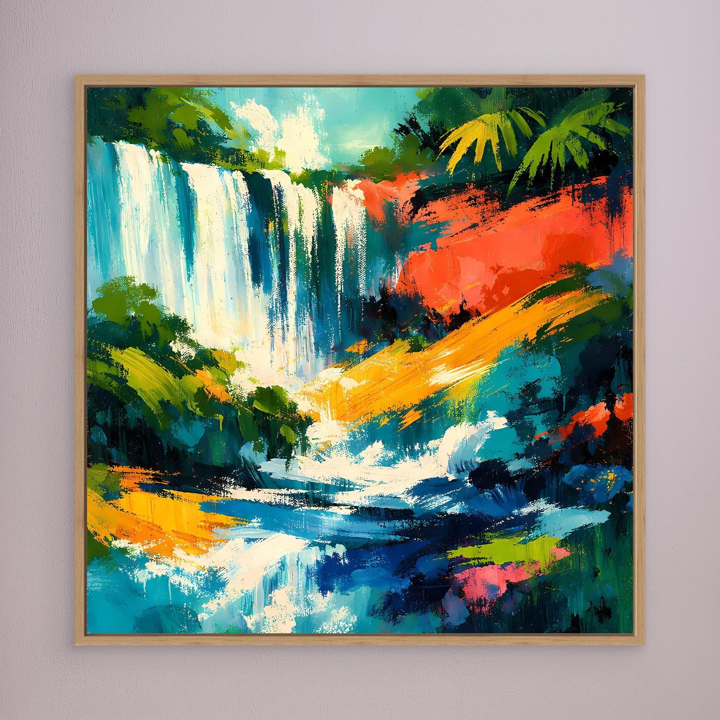 Quadratisches Leinwand-Wandbild mit abstraktem Wasserfall in Tropenfarben, Holzrahmen