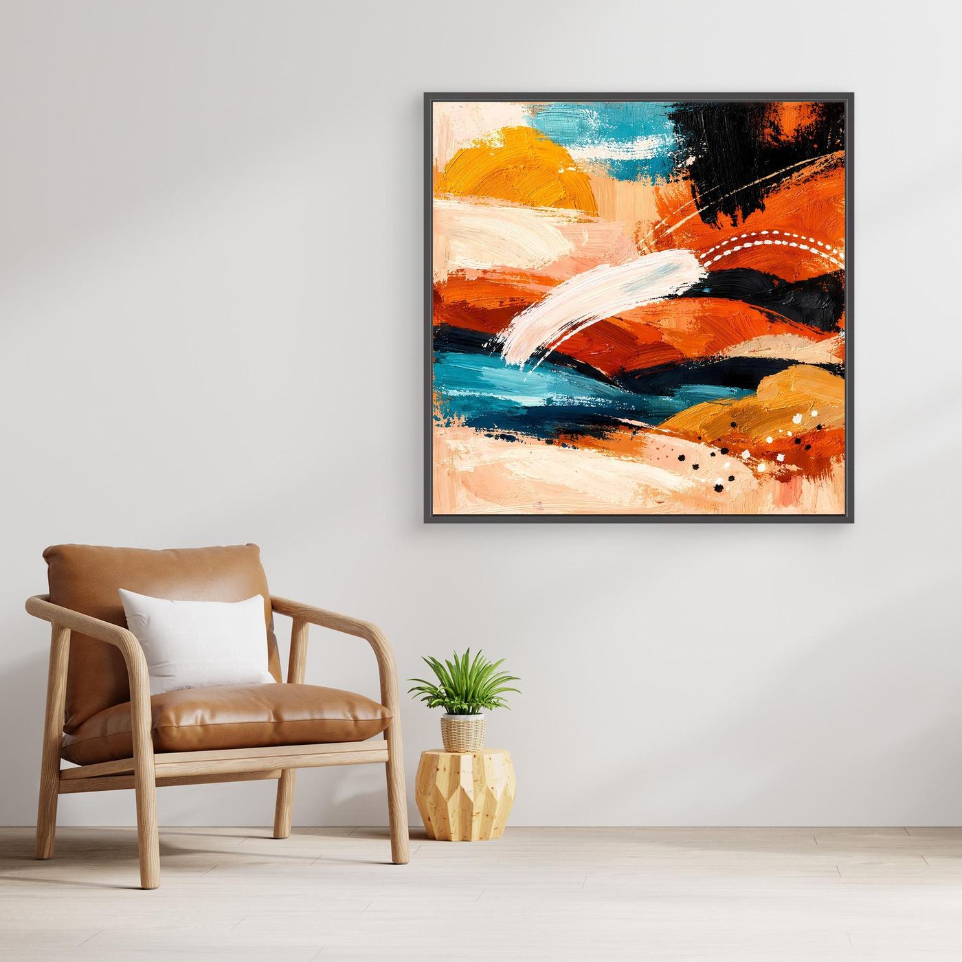Light wood-framed abstract landscape wall art canvas with orange, turquoise, white paint sweeps, and speckles
