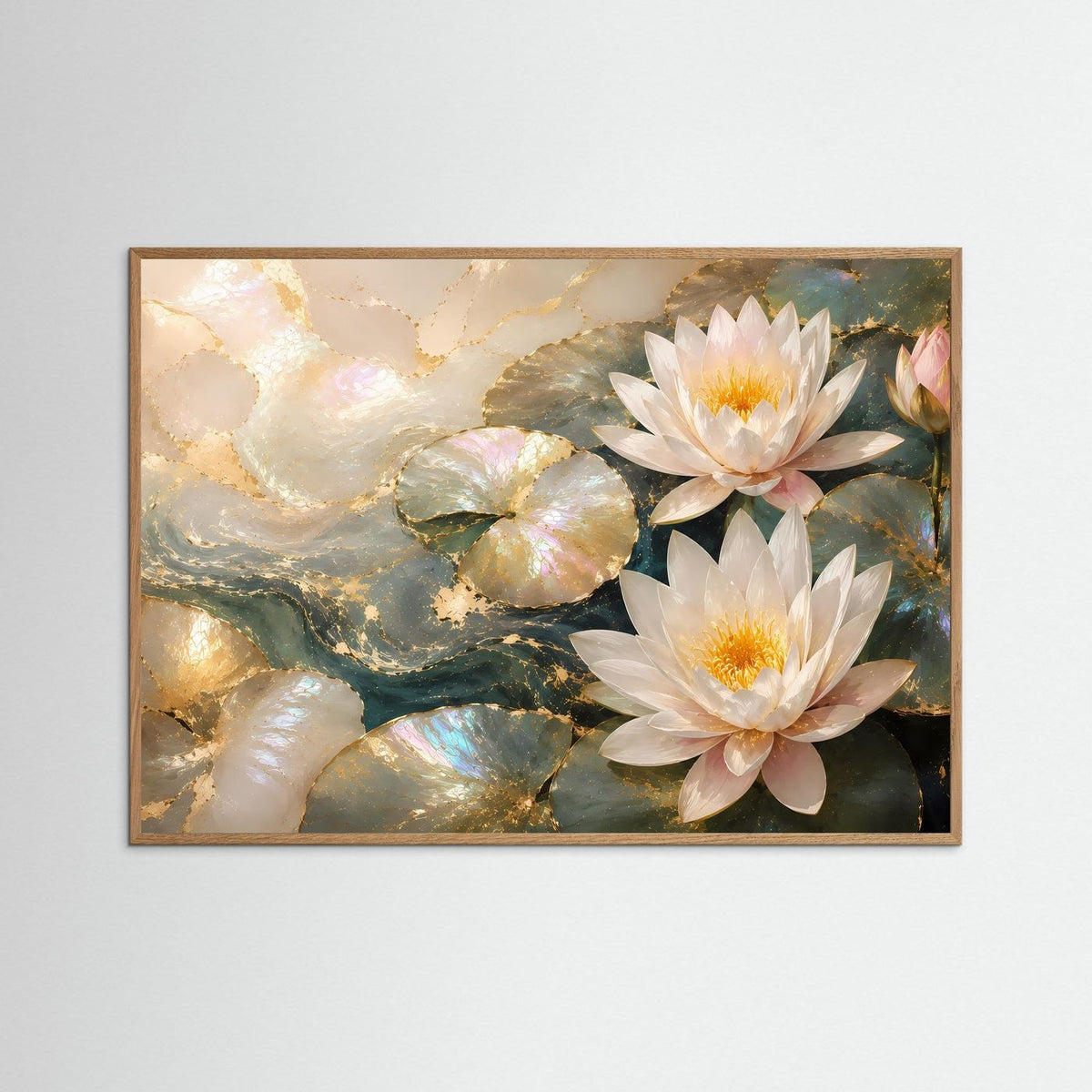 Poster Querformat mit Seerosen in Creme und Gold im hellen Eichenrahmen