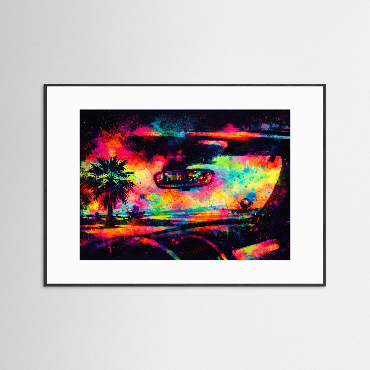 Buntes Buntfeuer-Roadtrip Wandbild | Neon Tropen & Retro Auto Kunst Querformat