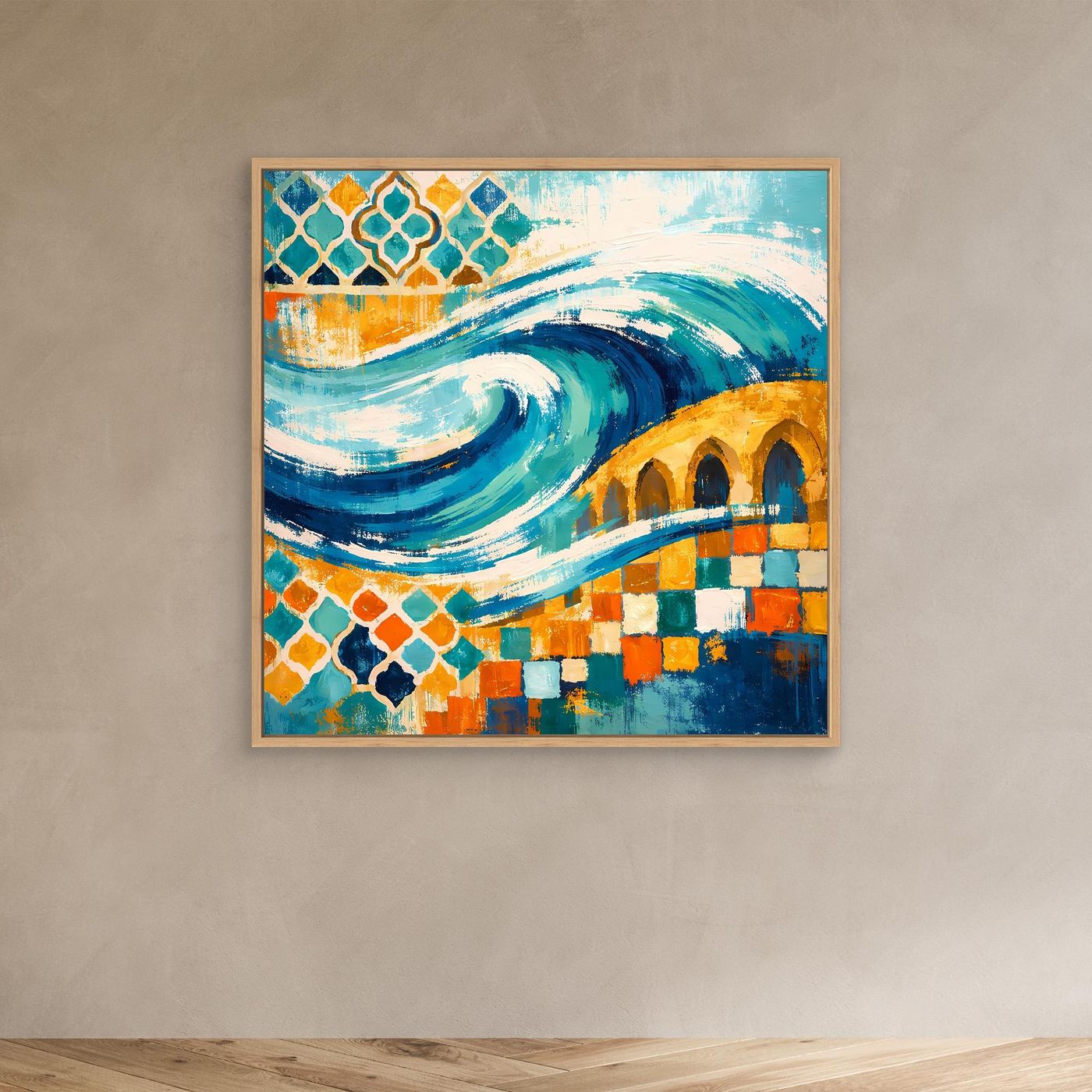 Leinwand-Wandbild mit Eichenrahmen, Mosaik-Ornament und türkisfarbenen Wellen