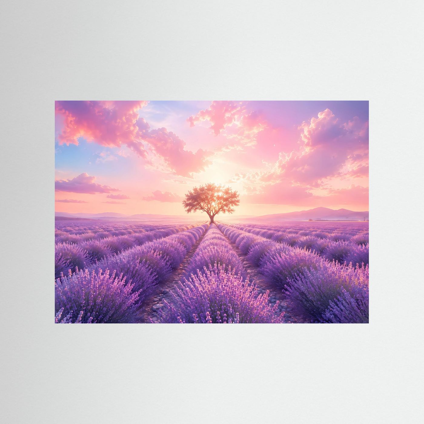 Lavendelfeld Poster | Sonnenuntergang Landschaft | Baum des Lebens Wandbild | Provence Natur Kunst | Romantischer Fine Art Print