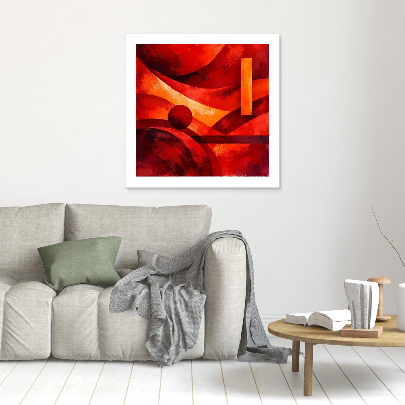 Kleines gerahmtes Leinwandbild mit abstraktem Rot-Orange-Motiv und schwarzem Kreis, weißer Rahmen