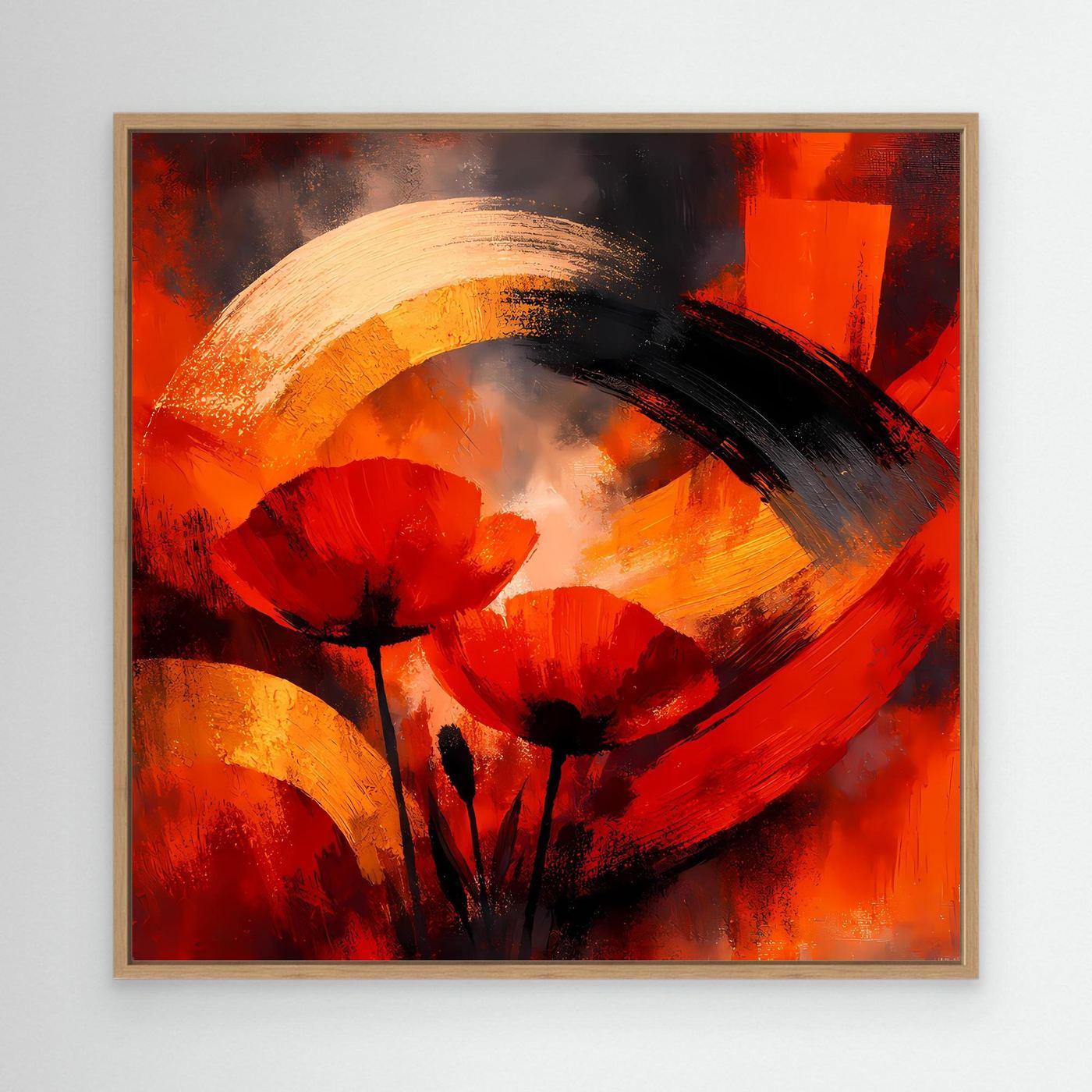 Abstraktes Leinwandbild mit roten Mohnblüten und Halbmond, schwarzer und orangefarbener Farbfläche