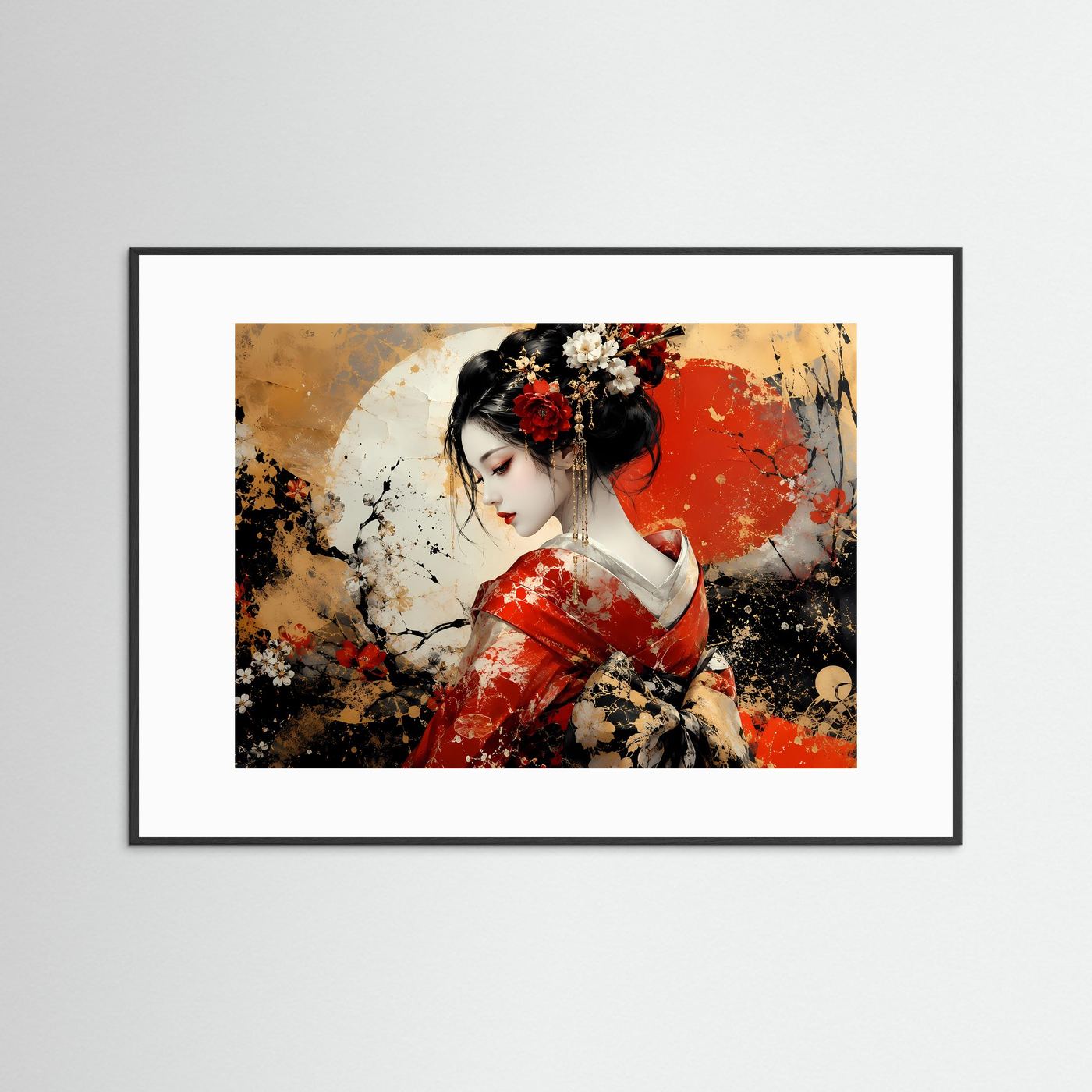 Geisha Poster Rot Gold | Japanische Wandkunst | Abstraktes Geisha Bild | Asiatische Fine Art | Luxuriöses Leinwandbild | Moderne Wanddekoration