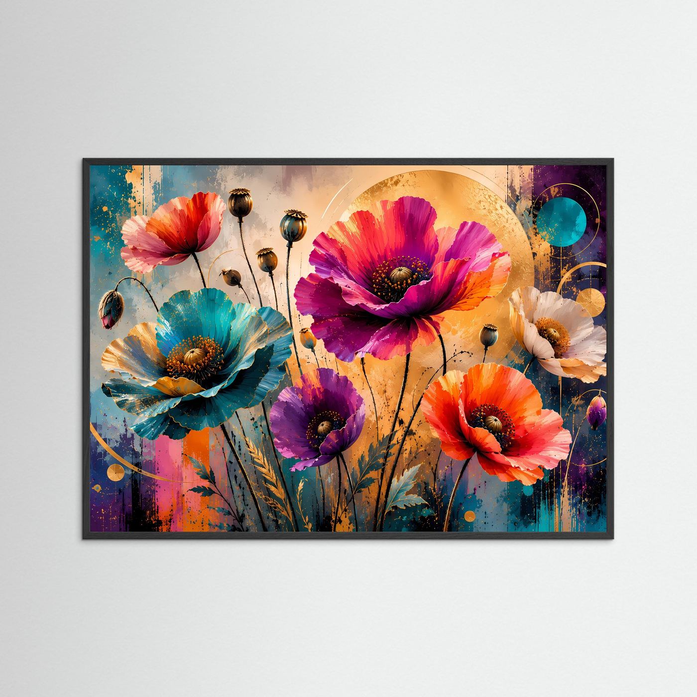 Wandbild im Querformat mit Mohnblumen und Goldkreis, schwarzer Rahmen