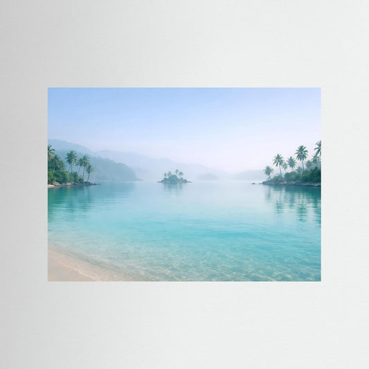 Tropisches Inselparadies im Nebel | Strand & Palmen Wandbild Querformat