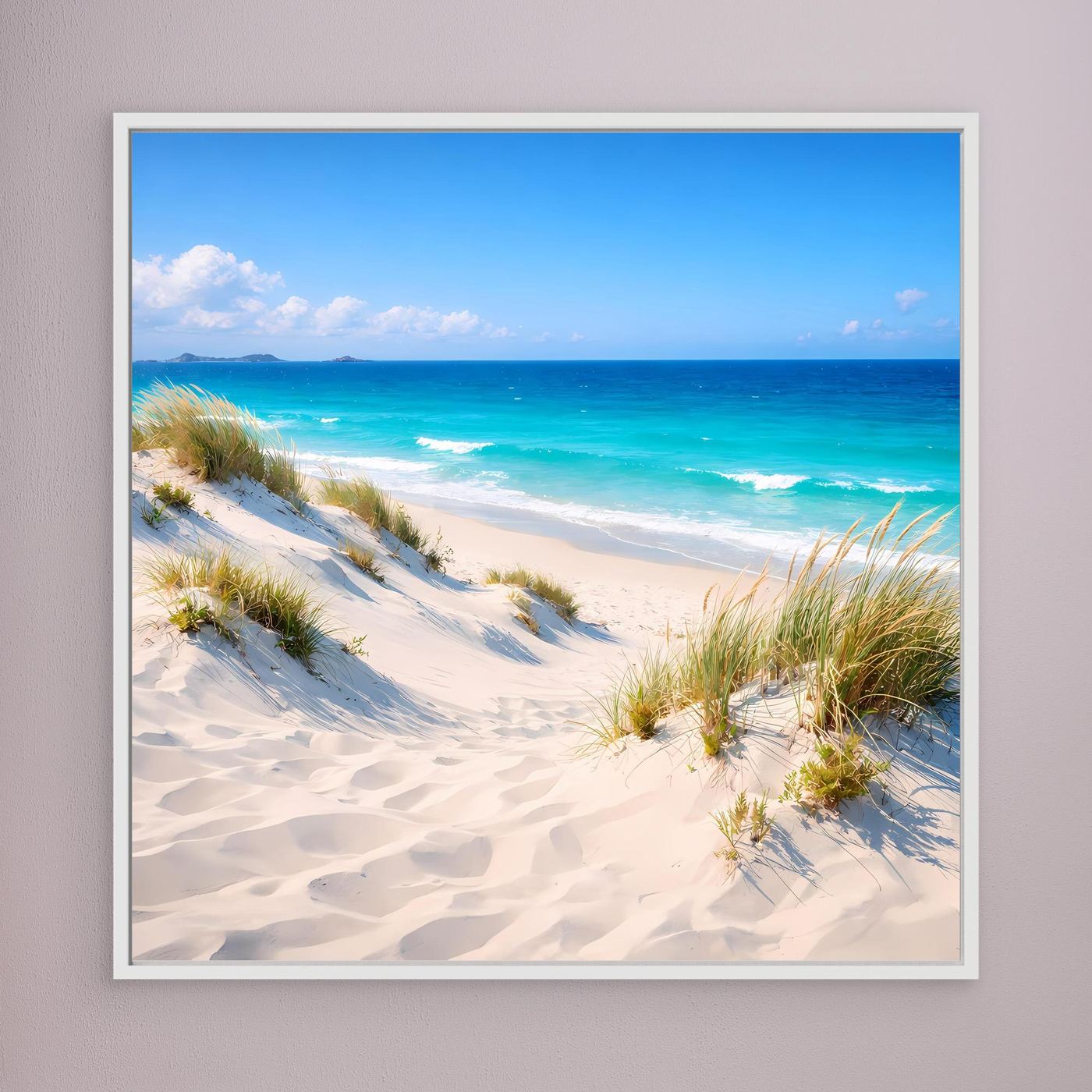 Leinwandbild mit Stranddünen, türkisblauem Meer und Wellen, weiß gerahmt