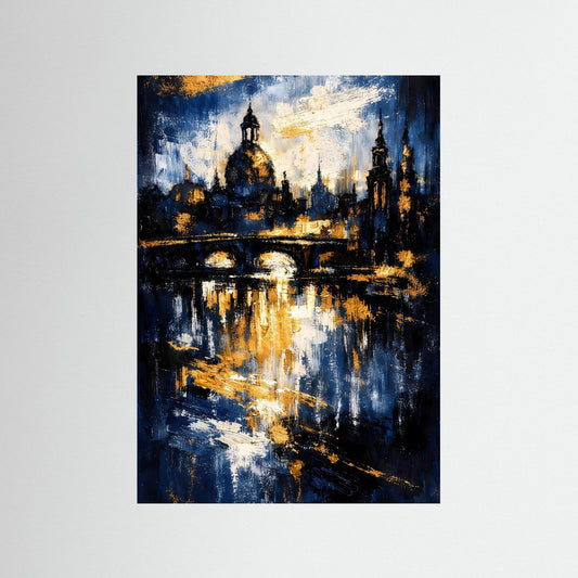 Abstraktes Stadtposter mit Frauenkirche-Silhouette in Gold und tiefblau, Hochformat